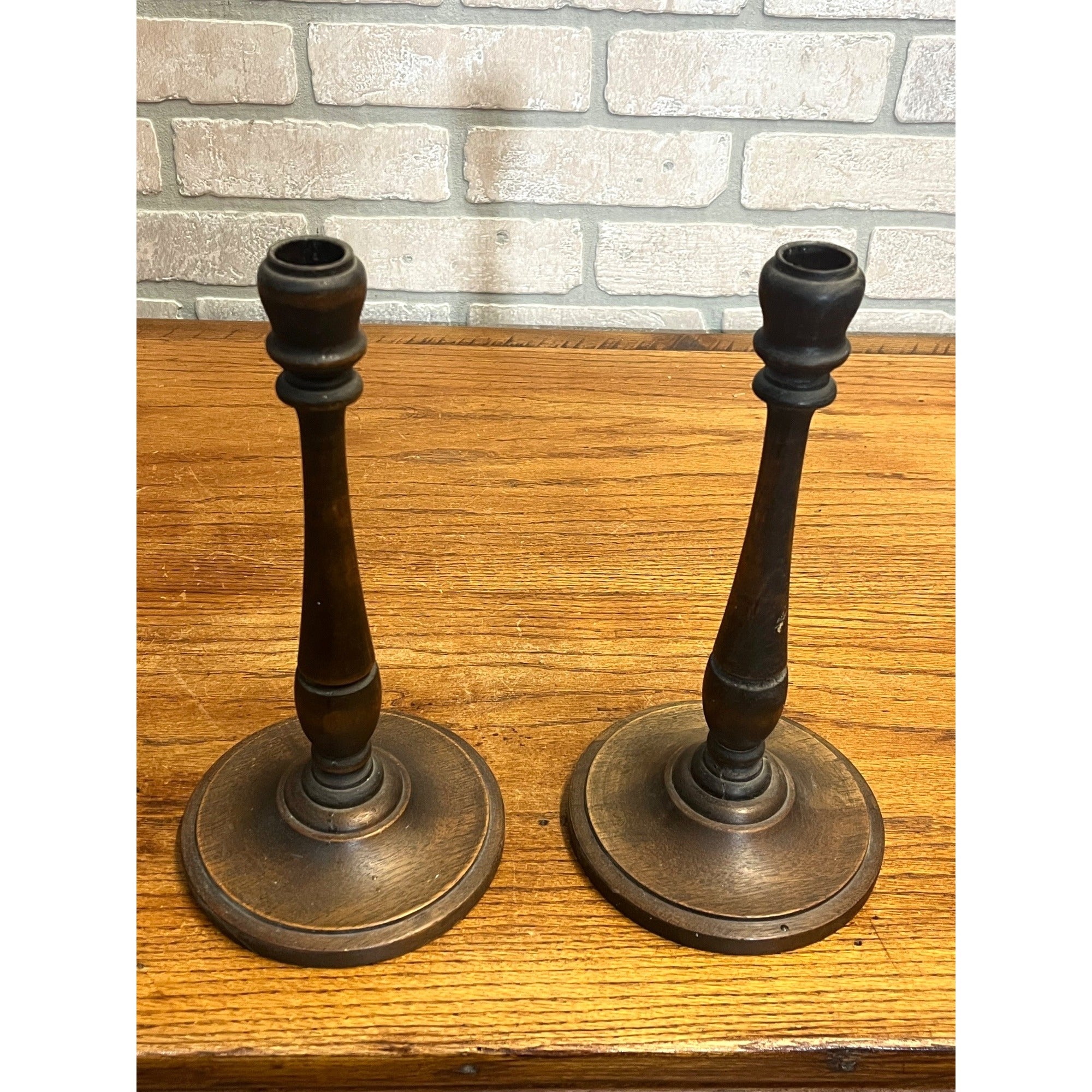 Vintage 1920s Wooden Turned Candlesticks Pair Rustic Primitive Decor Colonial