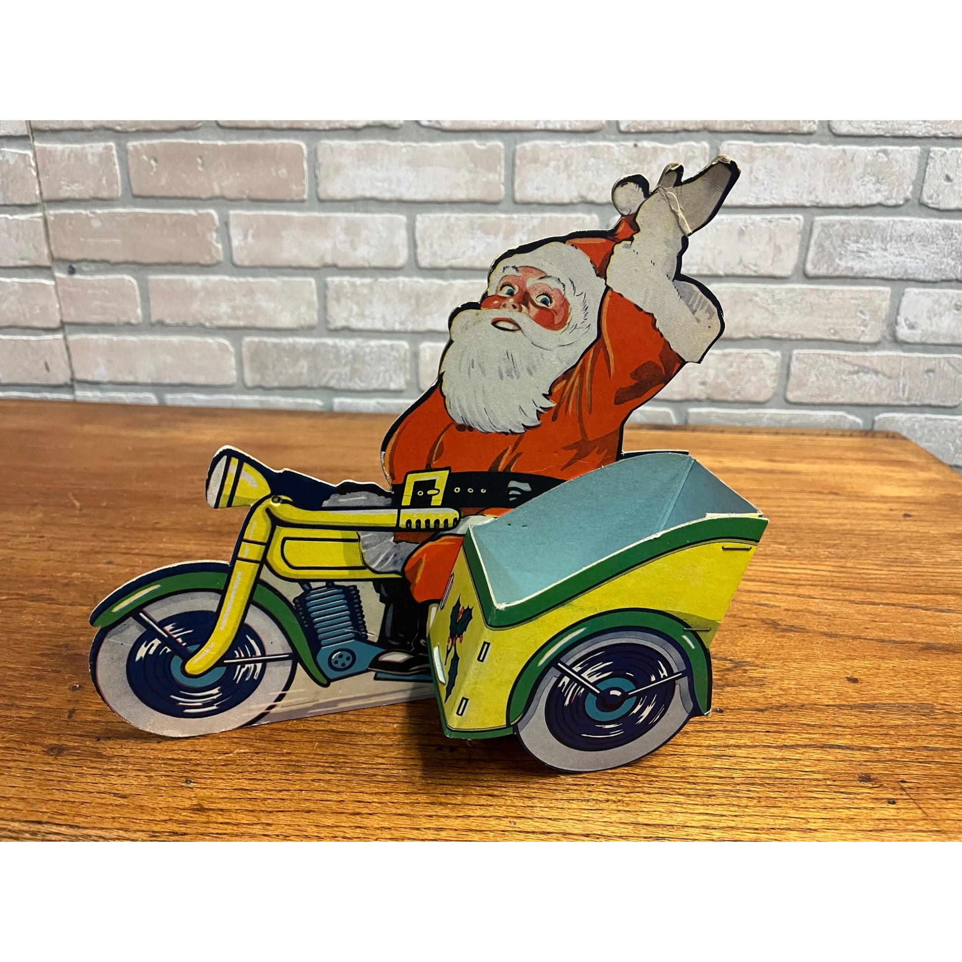 Vintage Cardboard Santa Motorcycle Candy Container Christmas Game Makers USA