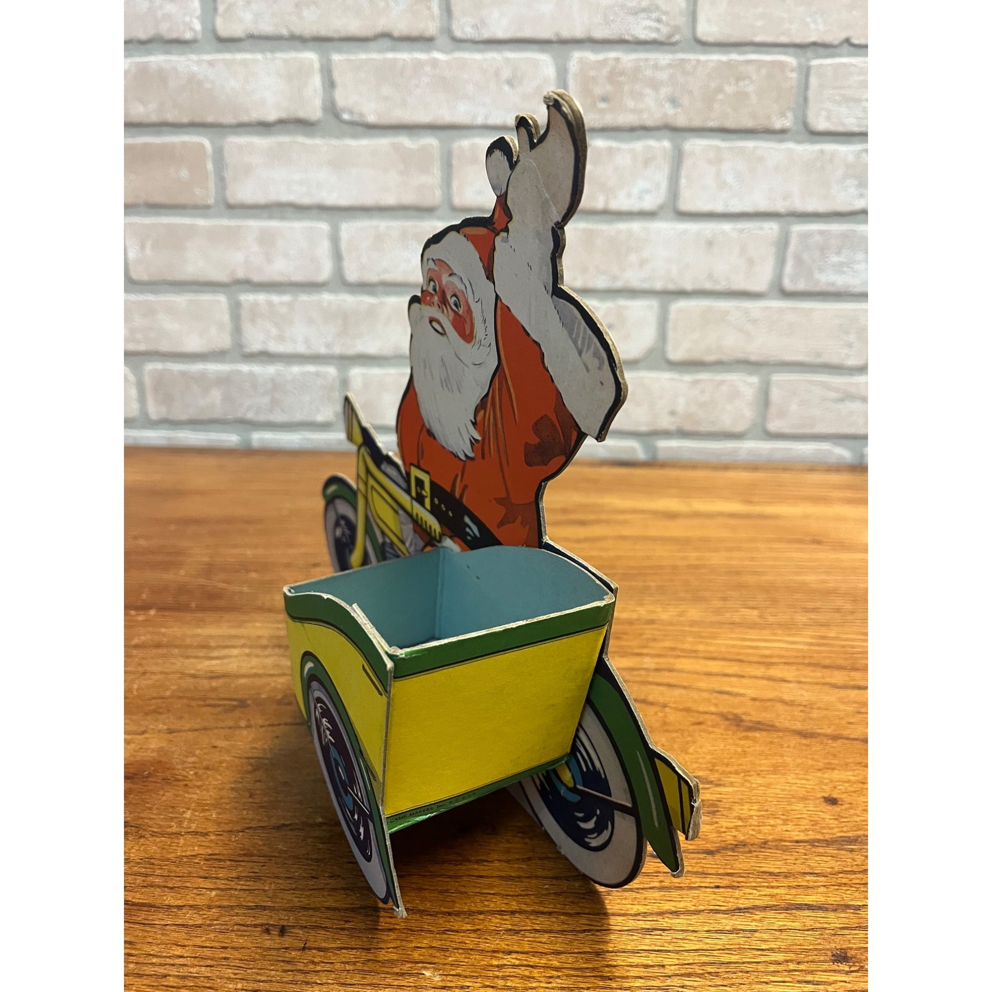 Vintage Cardboard Santa Motorcycle Candy Container Christmas Game Makers USA