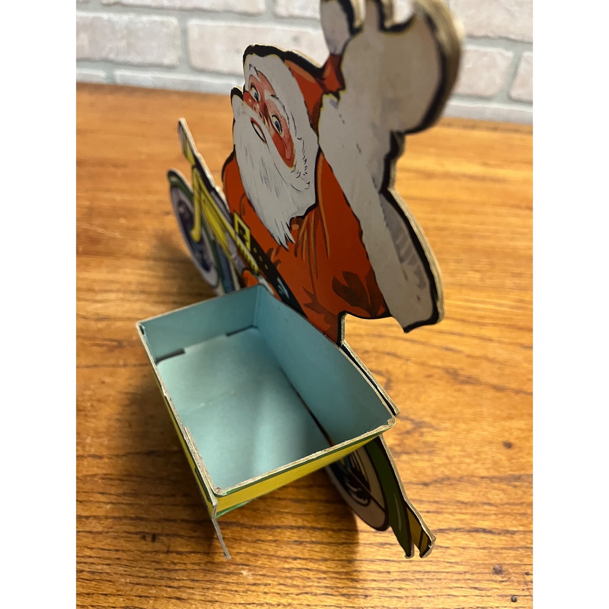 Vintage Cardboard Santa Motorcycle Candy Container Christmas Game Makers USA