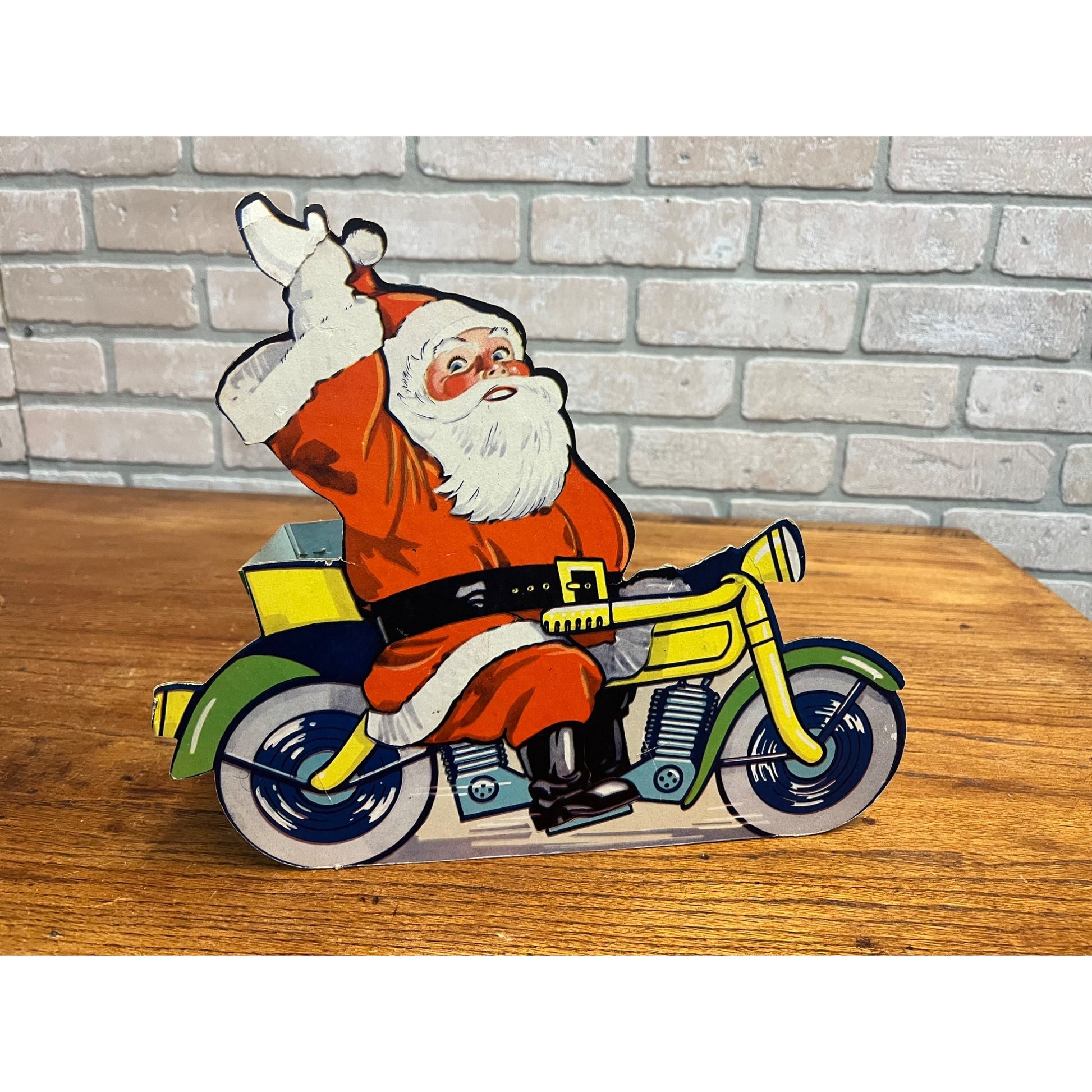 Vintage Cardboard Santa Motorcycle Candy Container Christmas Game Makers USA