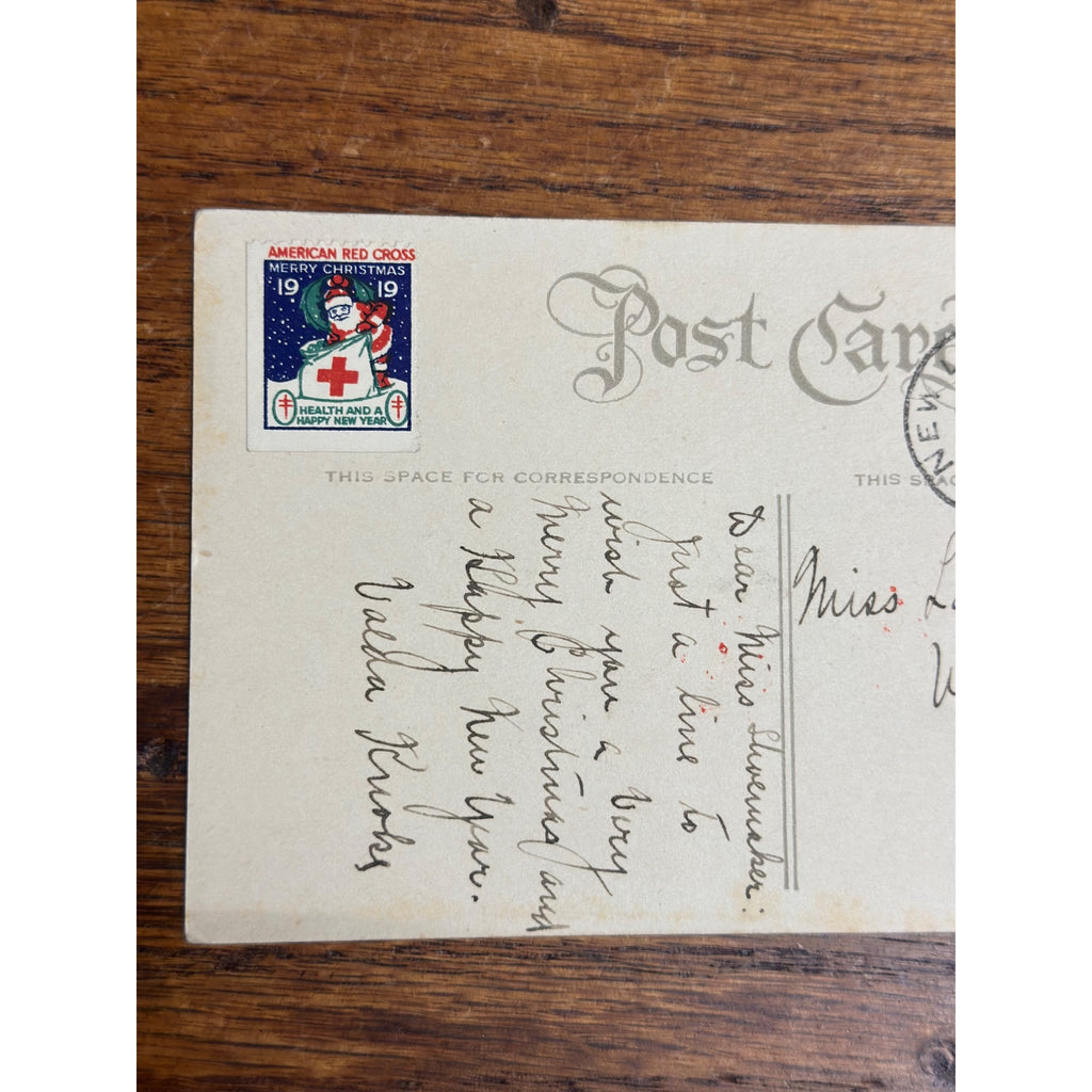 Vintage 1919 Christmas Postcard w/ Christmas Seal Tied American Red Cross