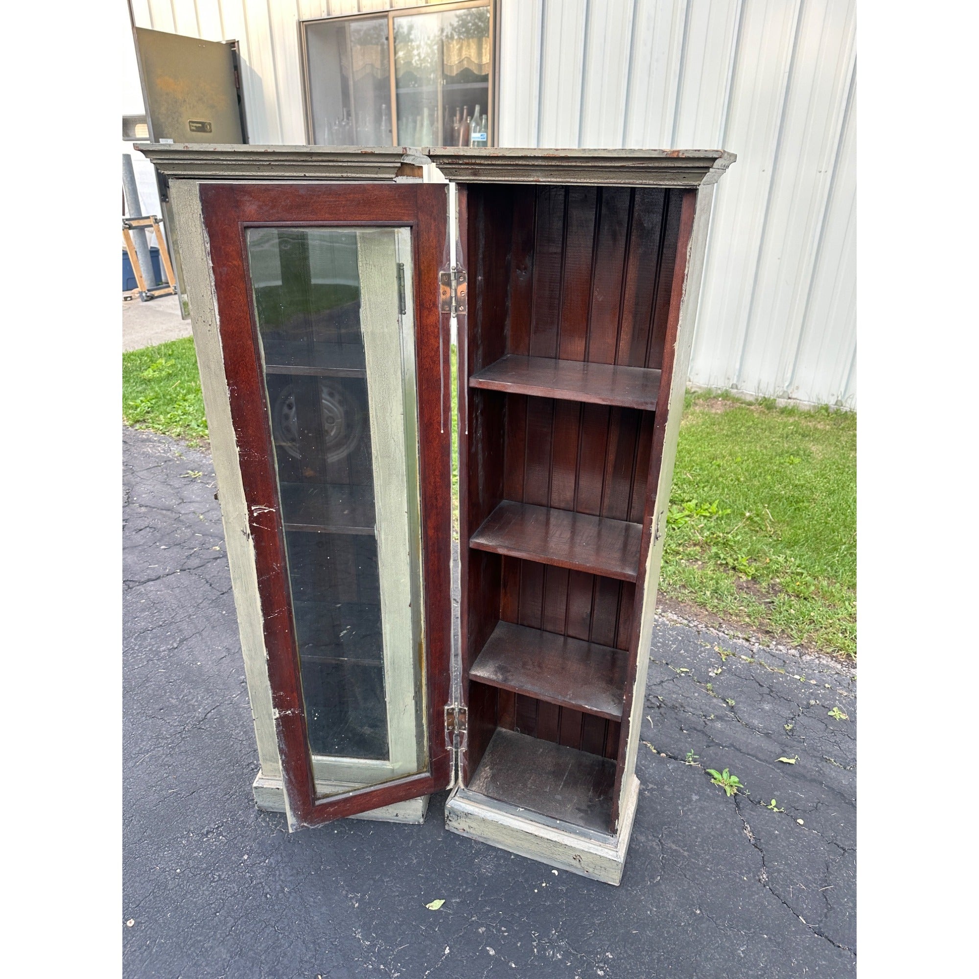 Pair of Primitive Painted Grey Book Display Cases, Wooden Glass Cabinets