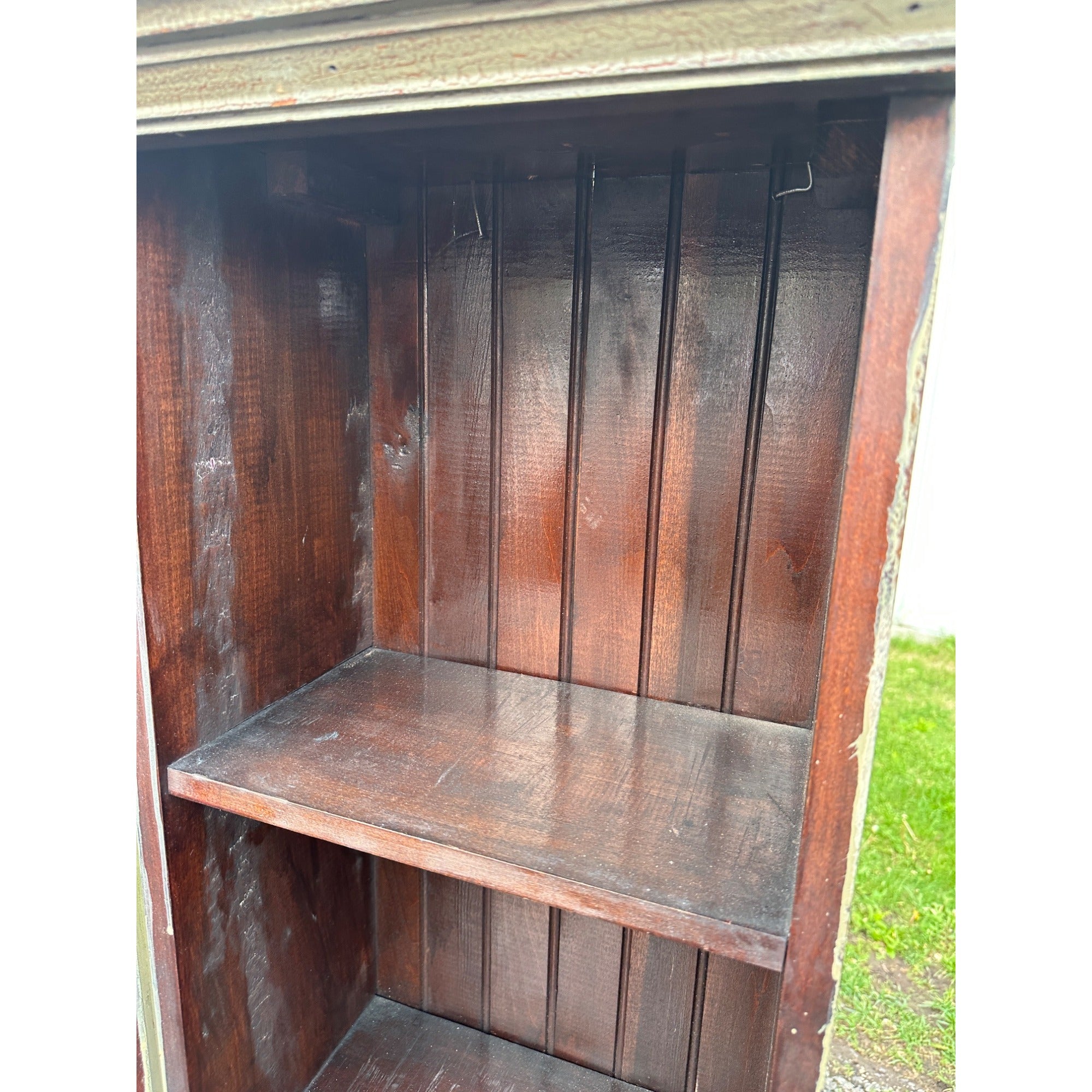 Pair of Primitive Painted Grey Book Display Cases, Wooden Glass Cabinets