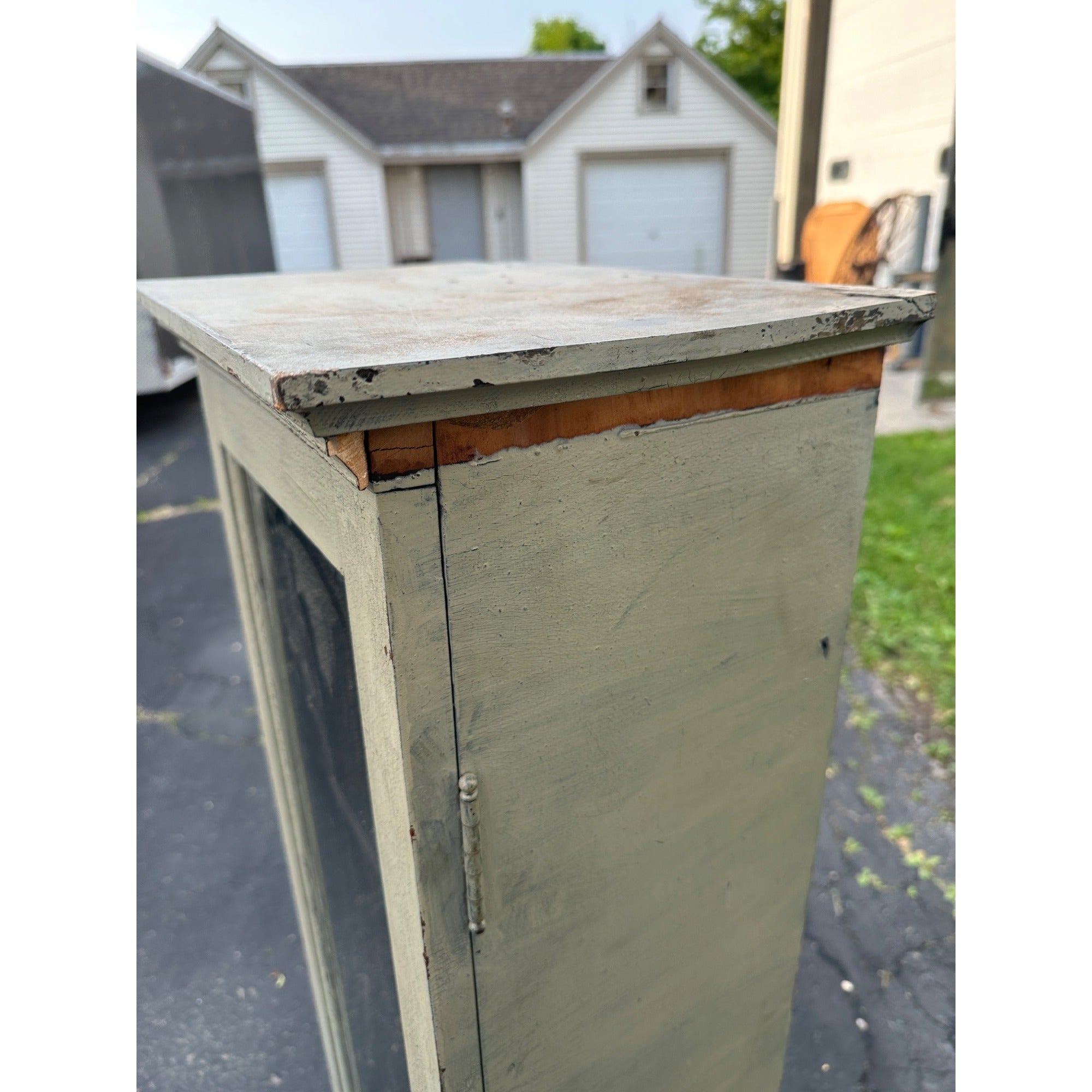 Pair of Primitive Painted Grey Book Display Cases, Wooden Glass Cabinets