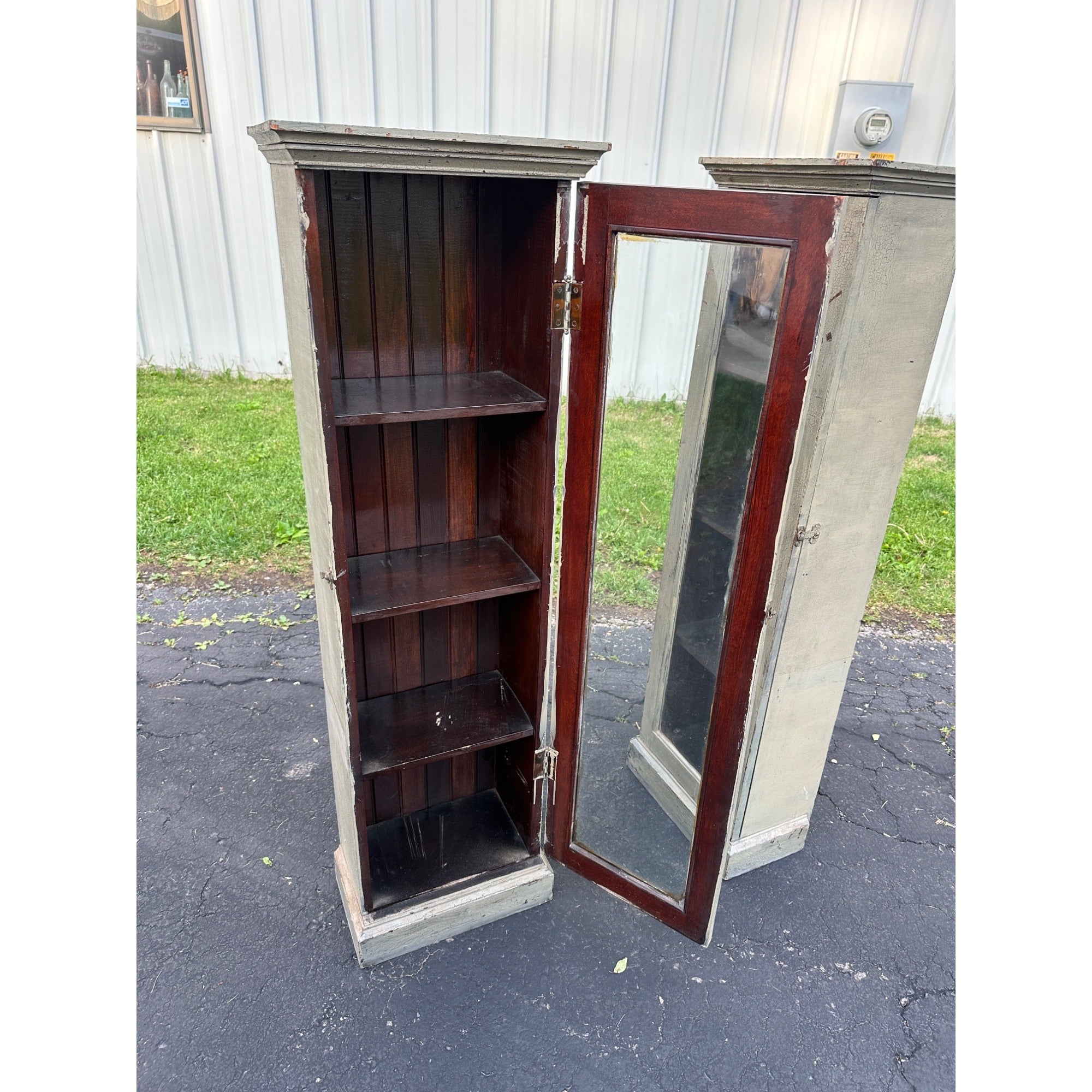 Pair of Primitive Painted Grey Book Display Cases, Wooden Glass Cabinets