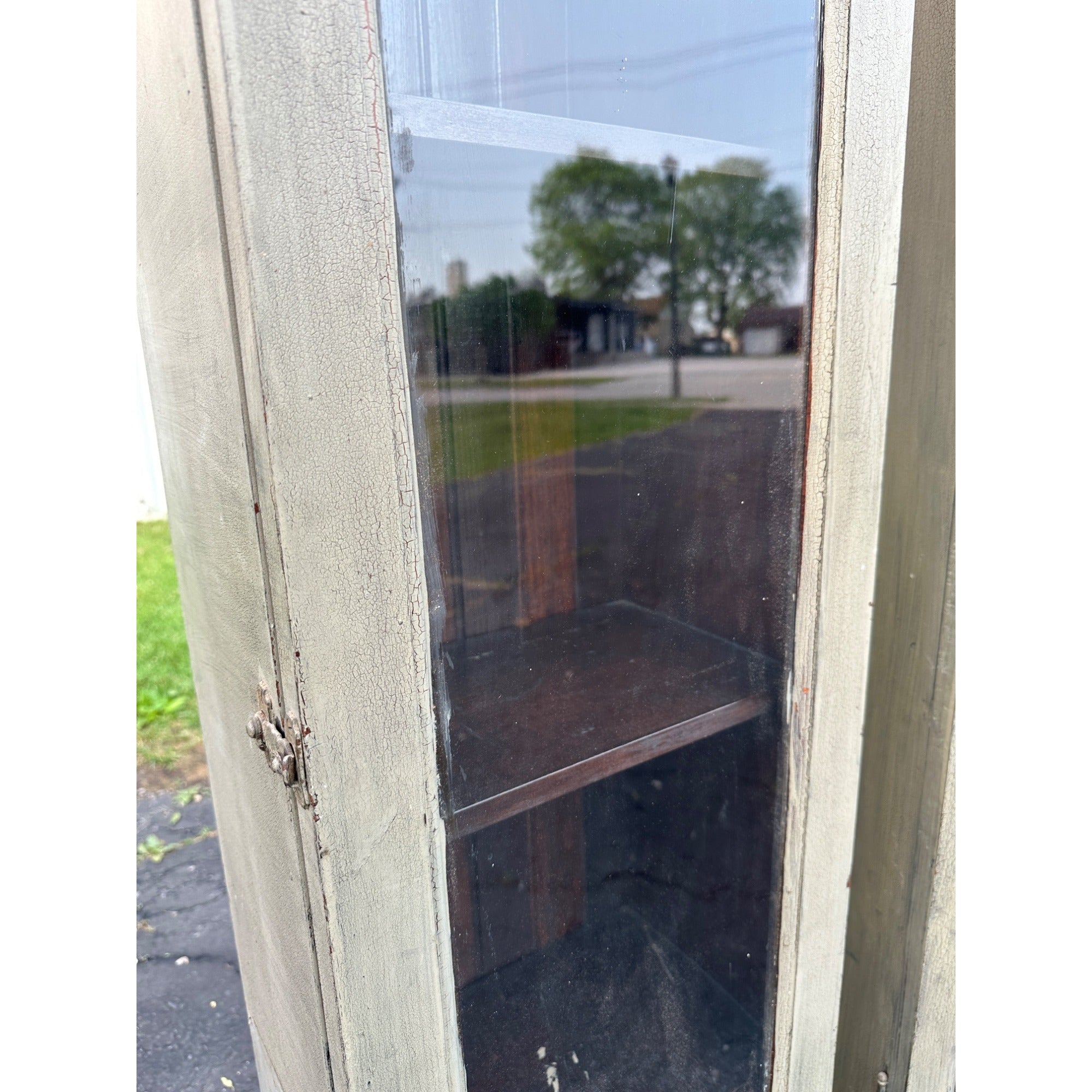 Pair of Primitive Painted Grey Book Display Cases, Wooden Glass Cabinets