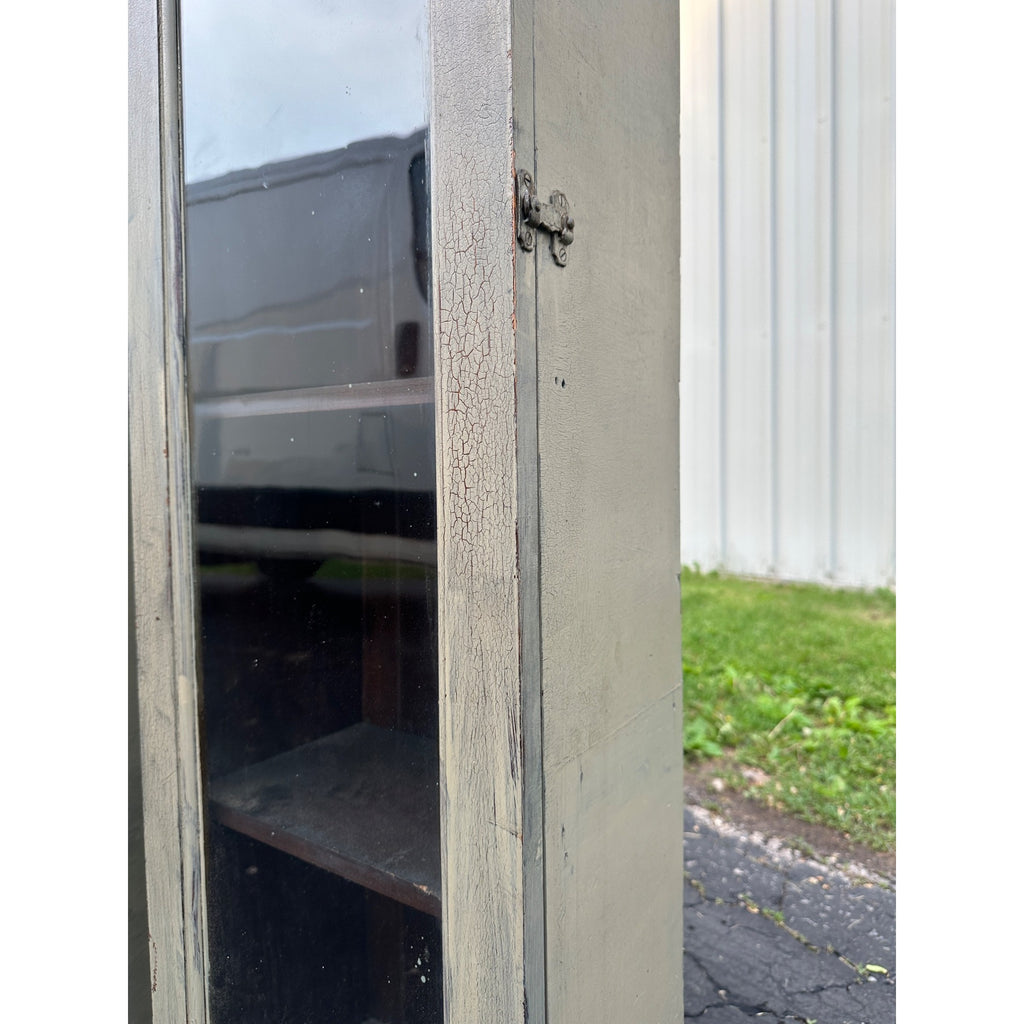 Pair of Primitive Painted Grey Book Display Cases, Wooden Glass Cabinets