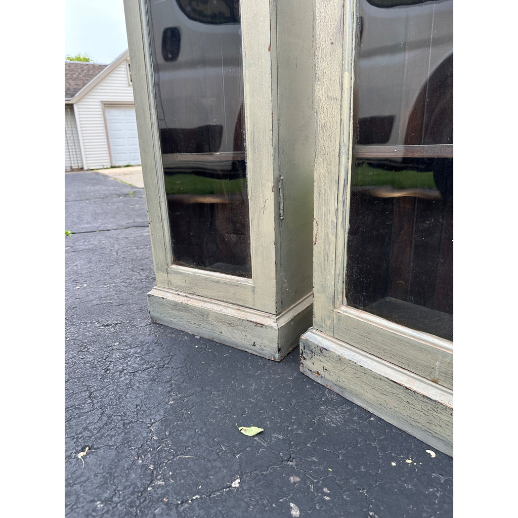 Pair of Primitive Painted Grey Book Display Cases, Wooden Glass Cabinets