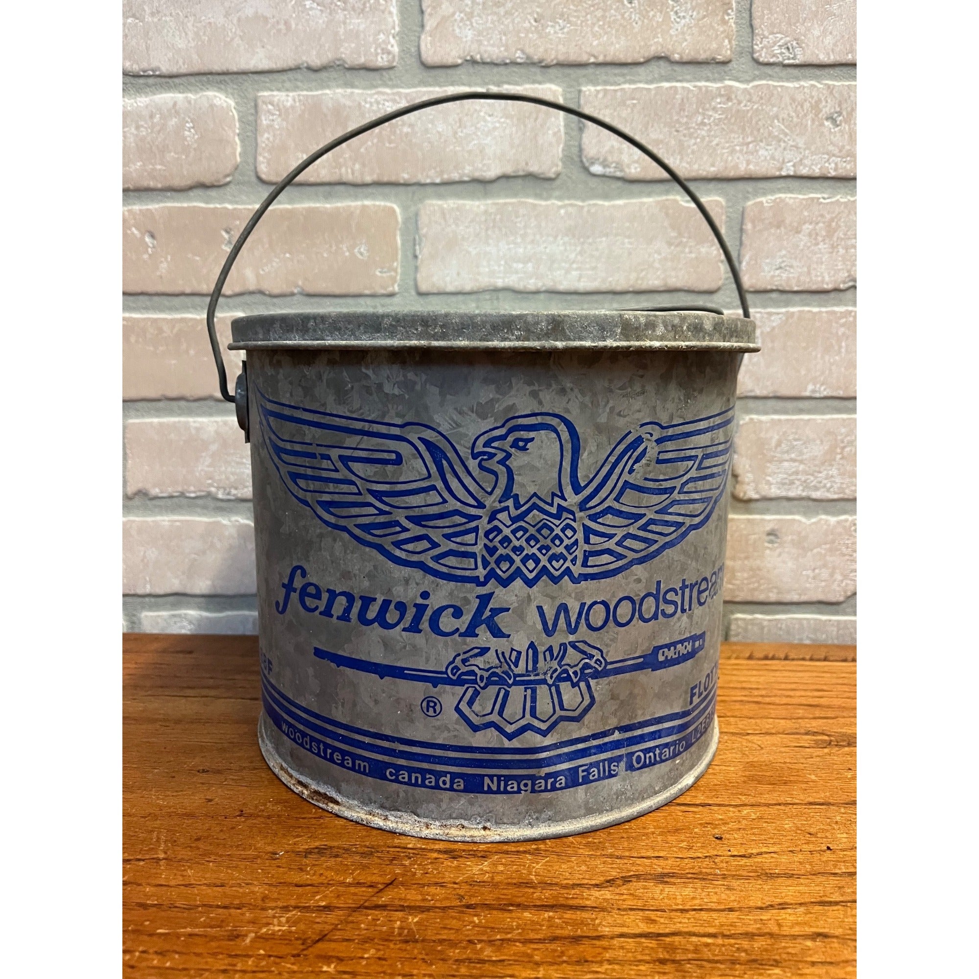 Vintage Metal Fenwick Woodstream Minnow Bucket With Lid and Wire Handle Eagle Logo Ontario, Canada Primitive Cabin Decor