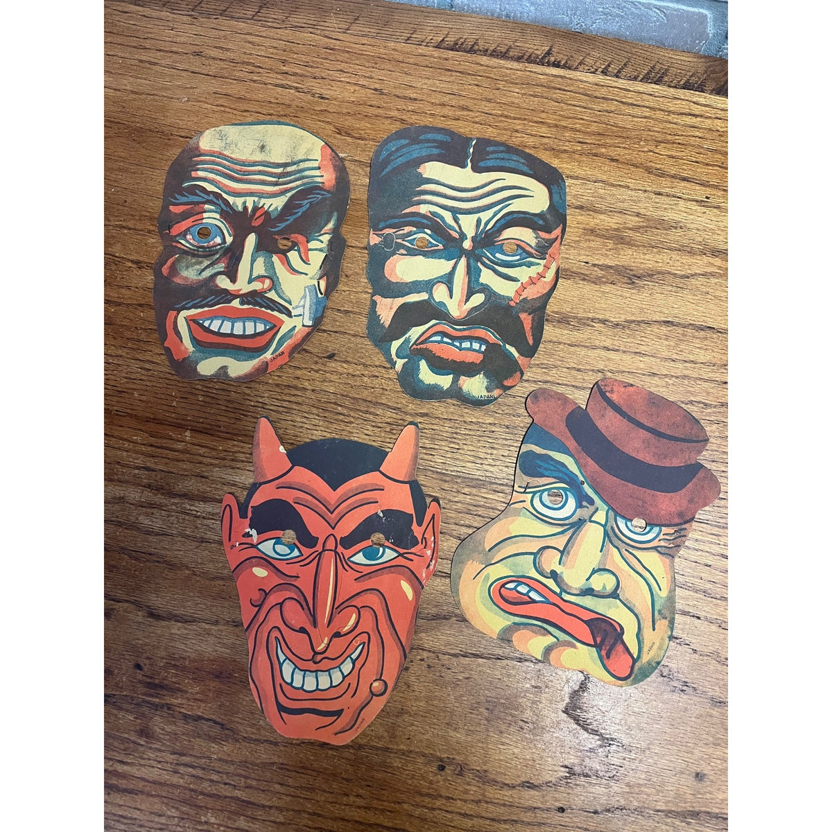 Vintage Halloween Lot (4) Cardboard Party Costume Masks - Made in Japan