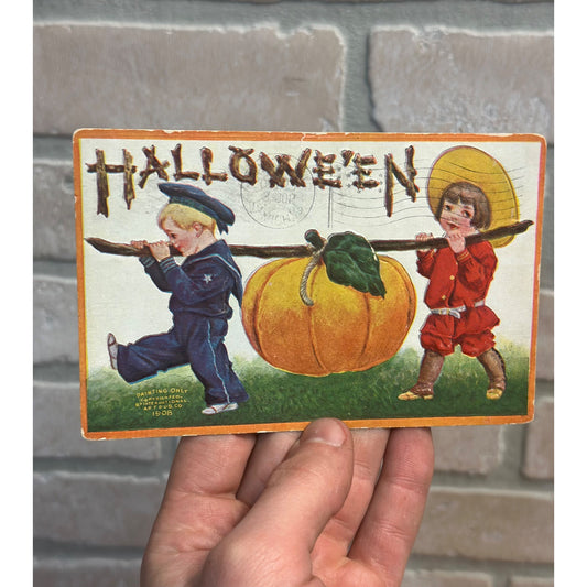 Vintage 1908 Embossed Halloween Postcard Children Carrying Pumpkin Intl Art Pub