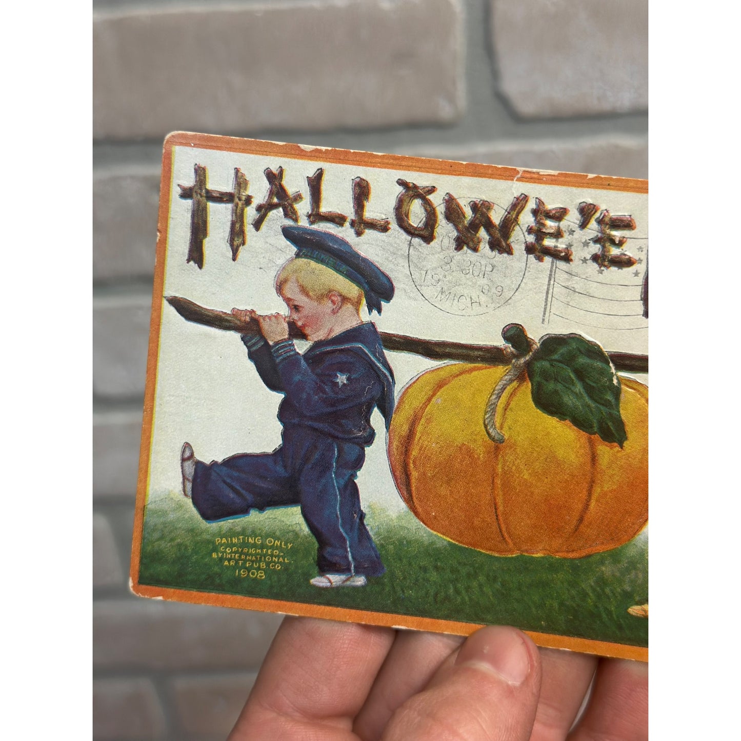 Vintage 1908 Embossed Halloween Postcard Children Carrying Pumpkin Intl Art Pub