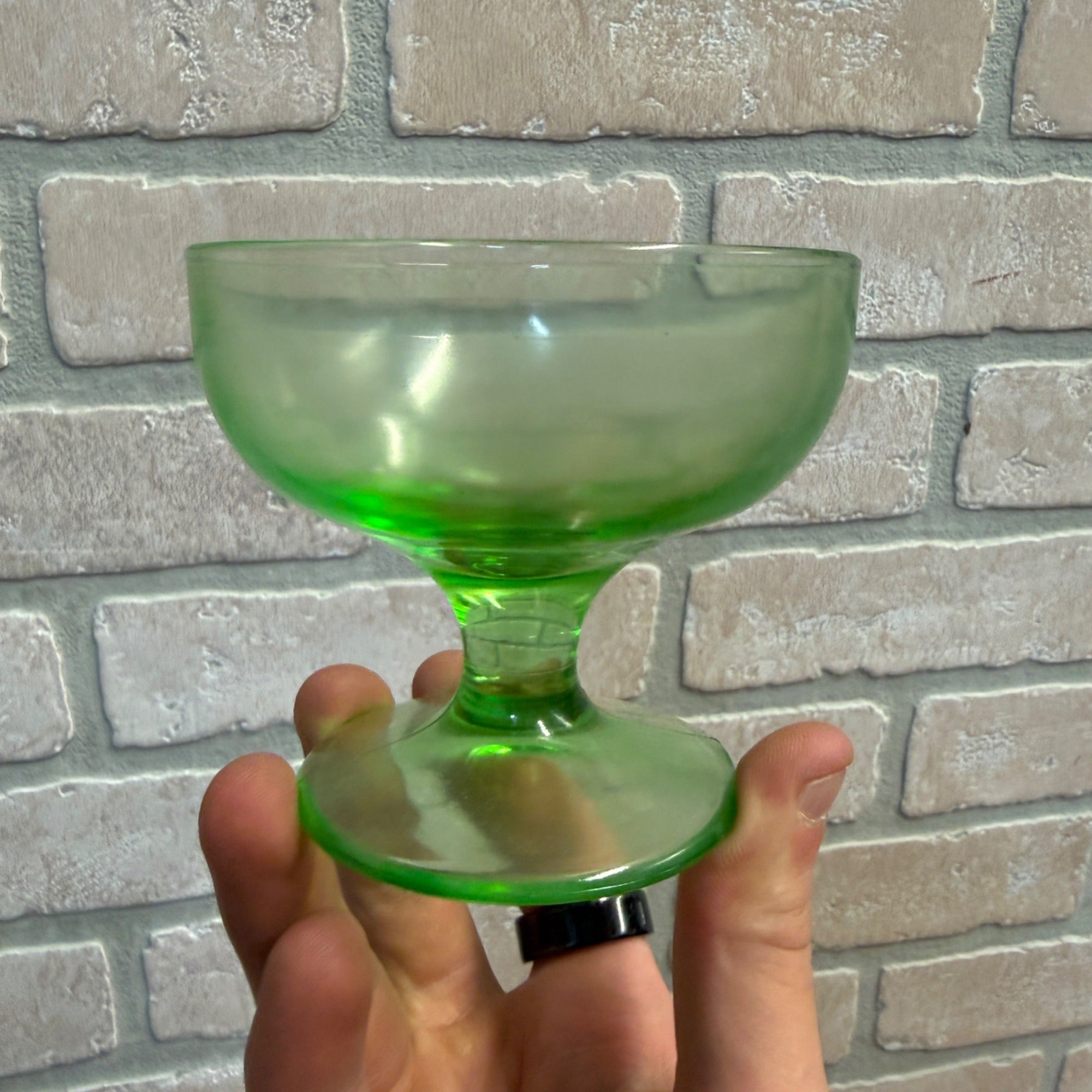 Vintage Single Depression Uranium Glass Dessert Sherbet Ice Cream Cup Pedestal Glass