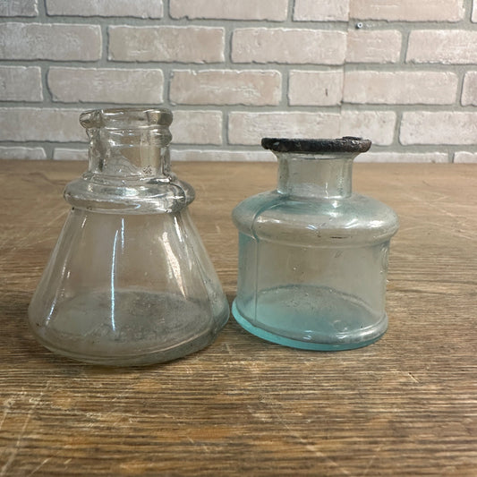 Antique c1880s Diamond Ink & S.M. Co. Ink Bottles Aqua Blue & Clear