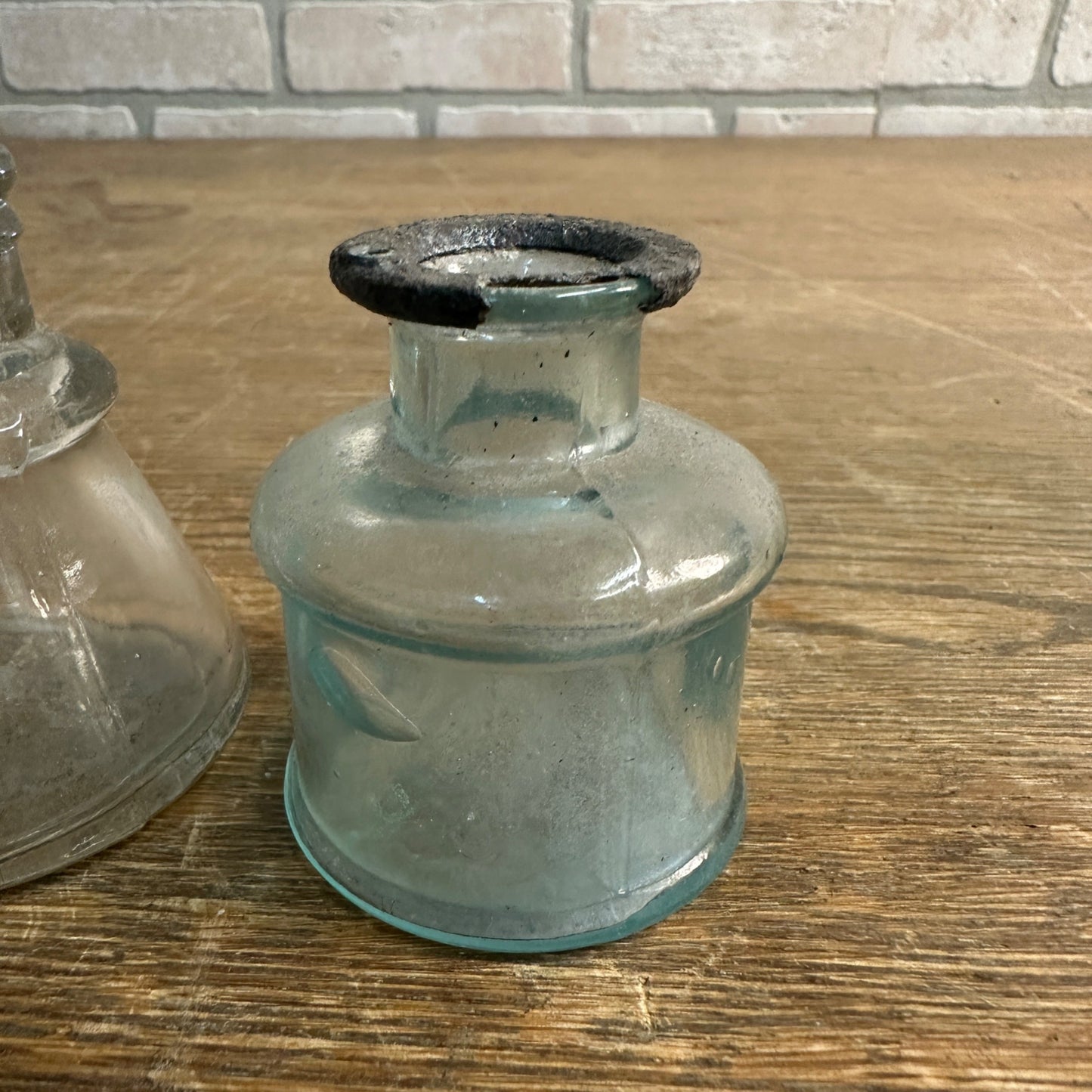 Antique c1880s Diamond Ink & S.M. Co. Ink Bottles Aqua Blue & Clear