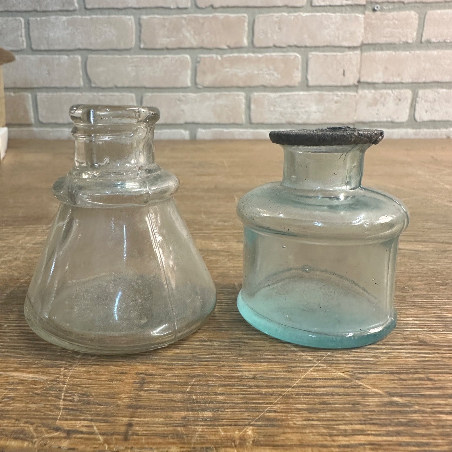 Antique c1880s Diamond Ink & S.M. Co. Ink Bottles Aqua Blue & Clear