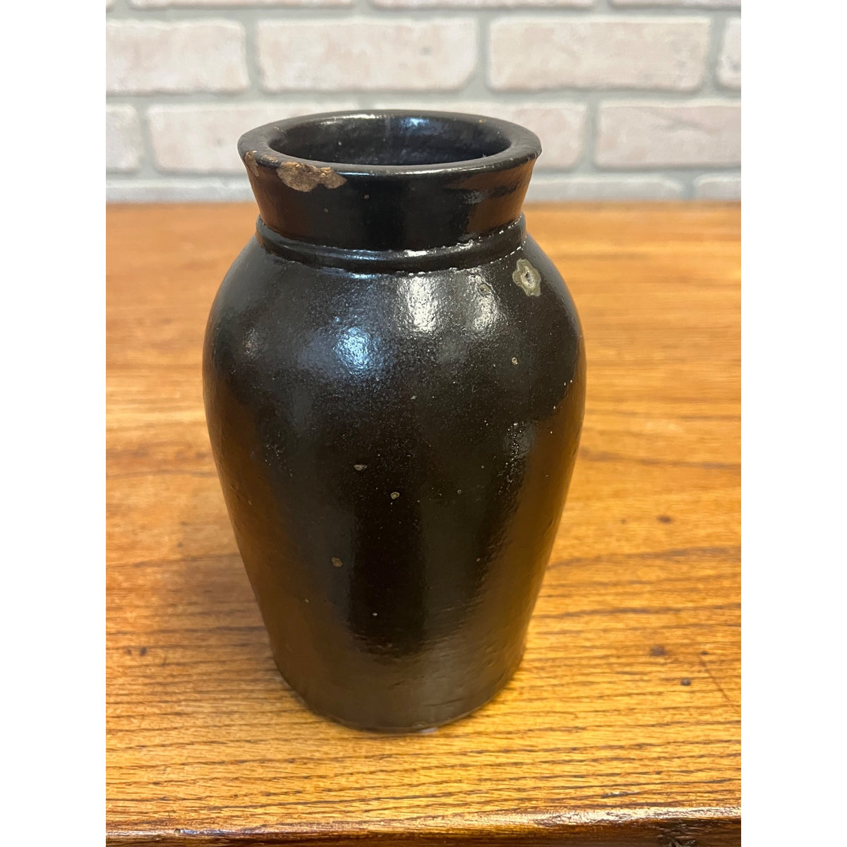 Vintage Small Mustard Jar Stoneware Crock Black Glazed Primitive Kitchen Decor