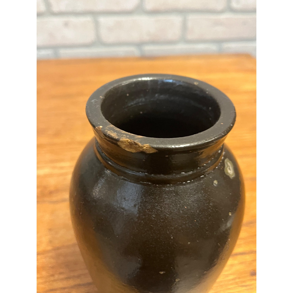 Vintage Small Mustard Jar Stoneware Crock Black Glazed Primitive Kitchen Decor