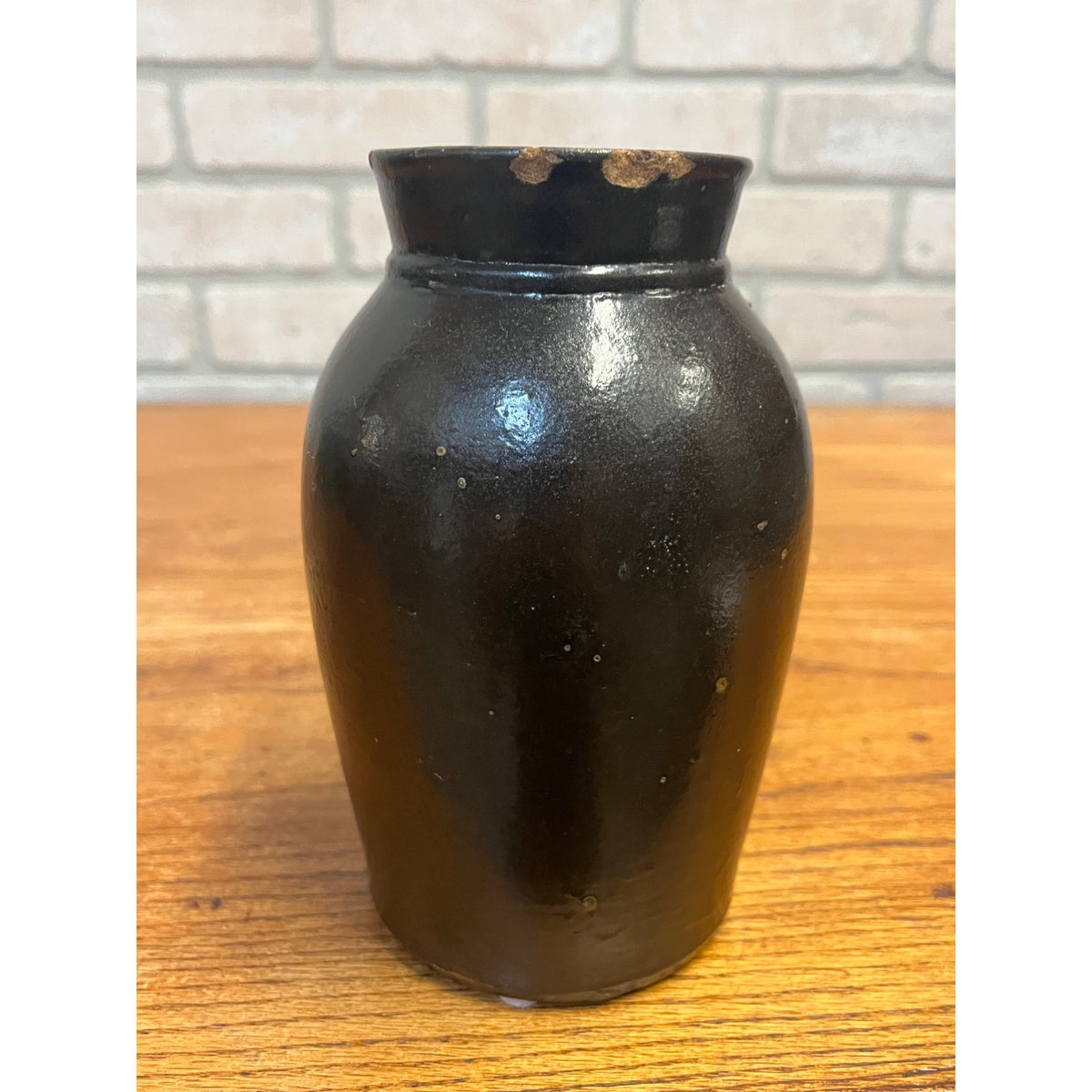 Vintage Small Mustard Jar Stoneware Crock Black Glazed Primitive Kitchen Decor