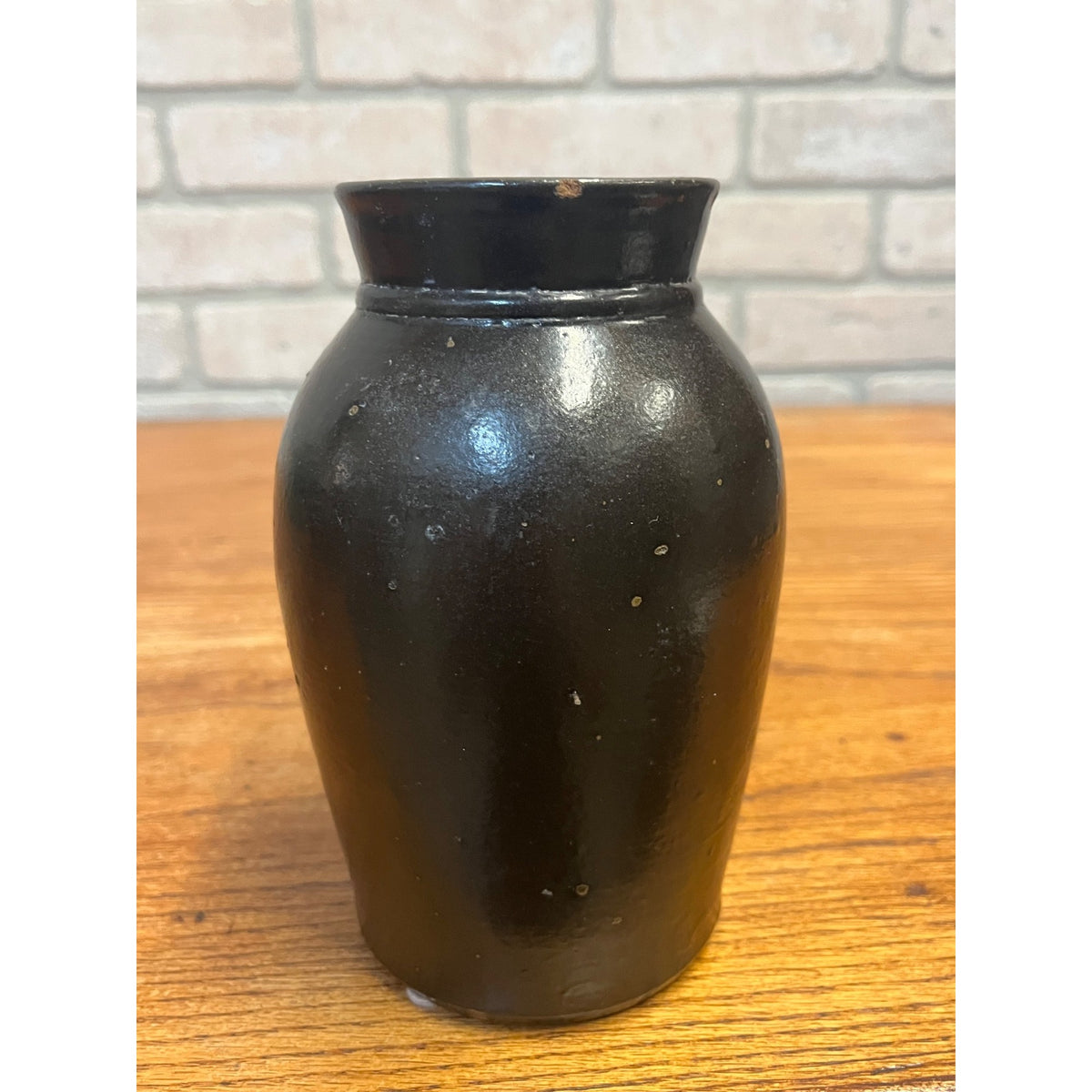 Vintage Small Mustard Jar Stoneware Crock Black Glazed Primitive Kitchen Decor