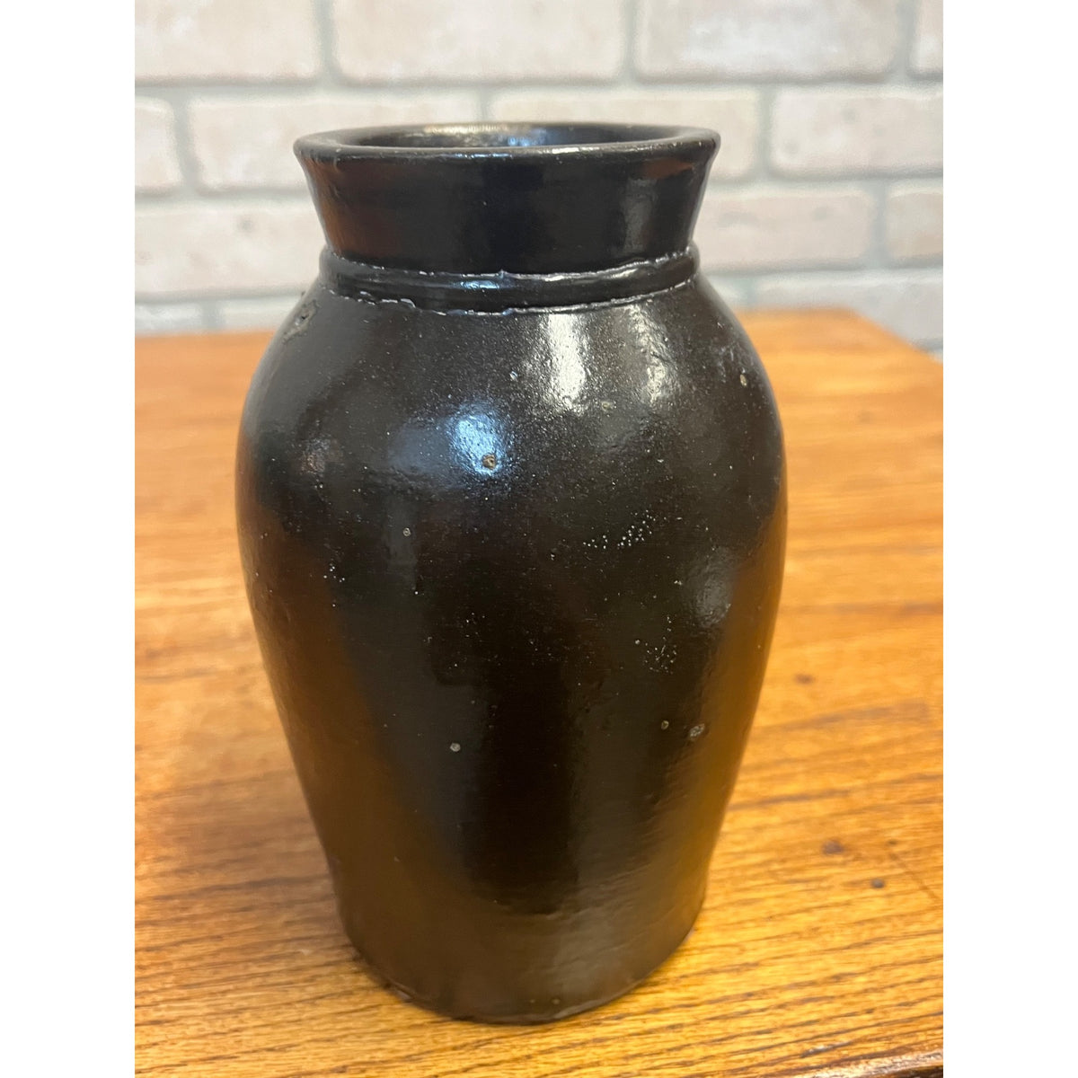 Vintage Small Mustard Jar Stoneware Crock Black Glazed Primitive Kitchen Decor