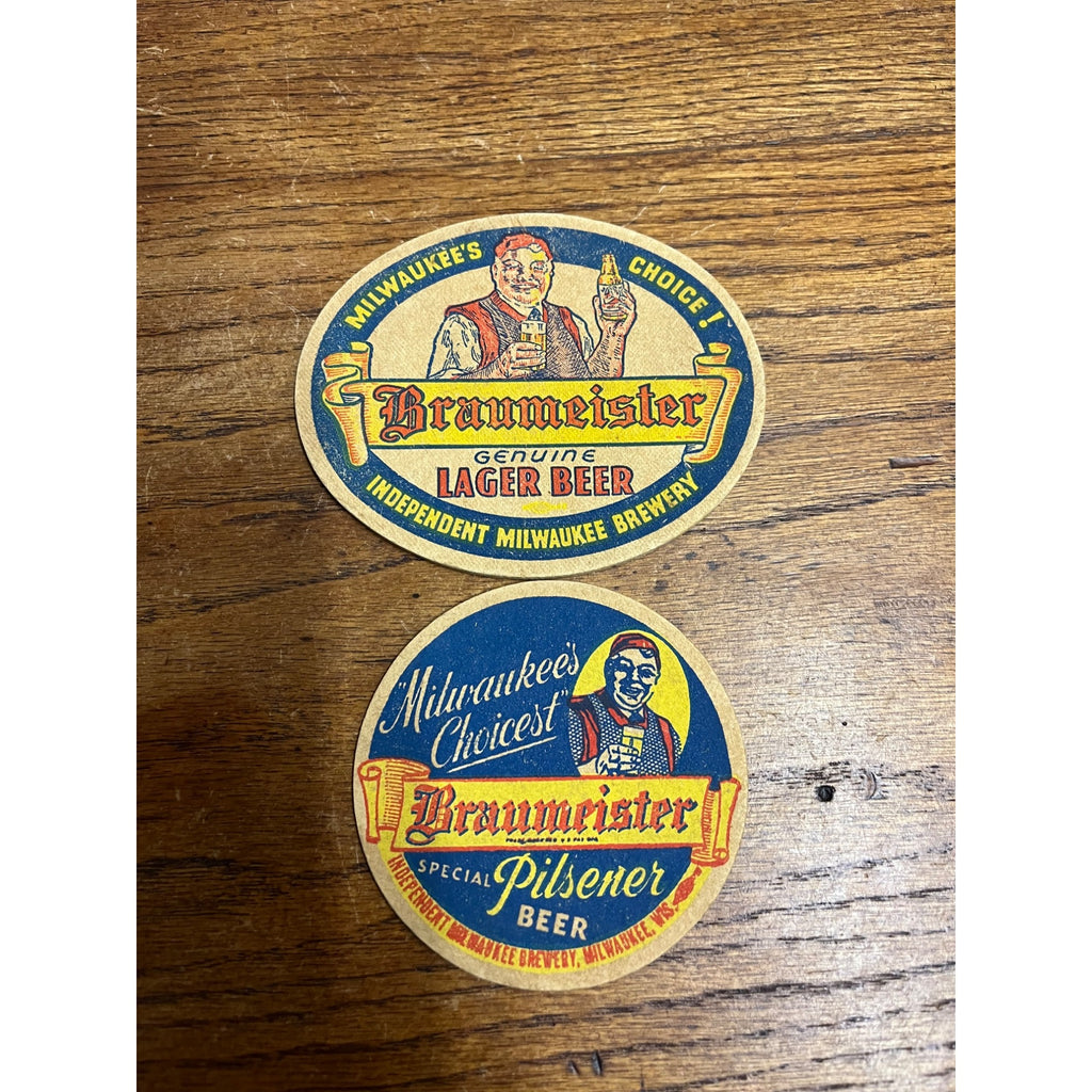 Vintage Lot (2) Braumeister Pilsner Beer Bar Coasters Oval & Round Milwaukee Wis