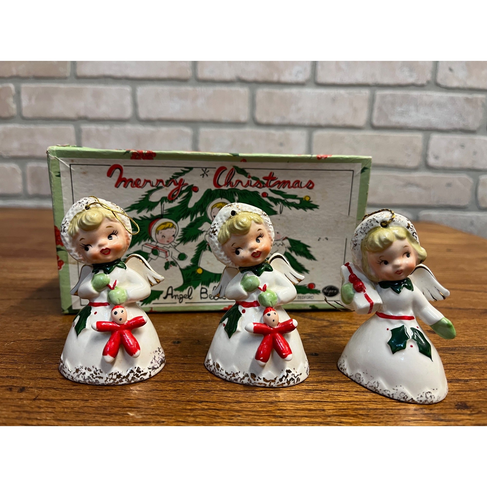 Vintage Napco Merry Christmas Angel Bells W/ Original Box 1959 Set (3) Figures