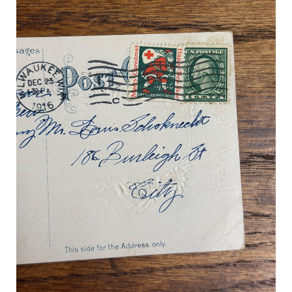 Vintage 1916 Christmas Postcard w/ Christmas Seal Tied American Red Cross