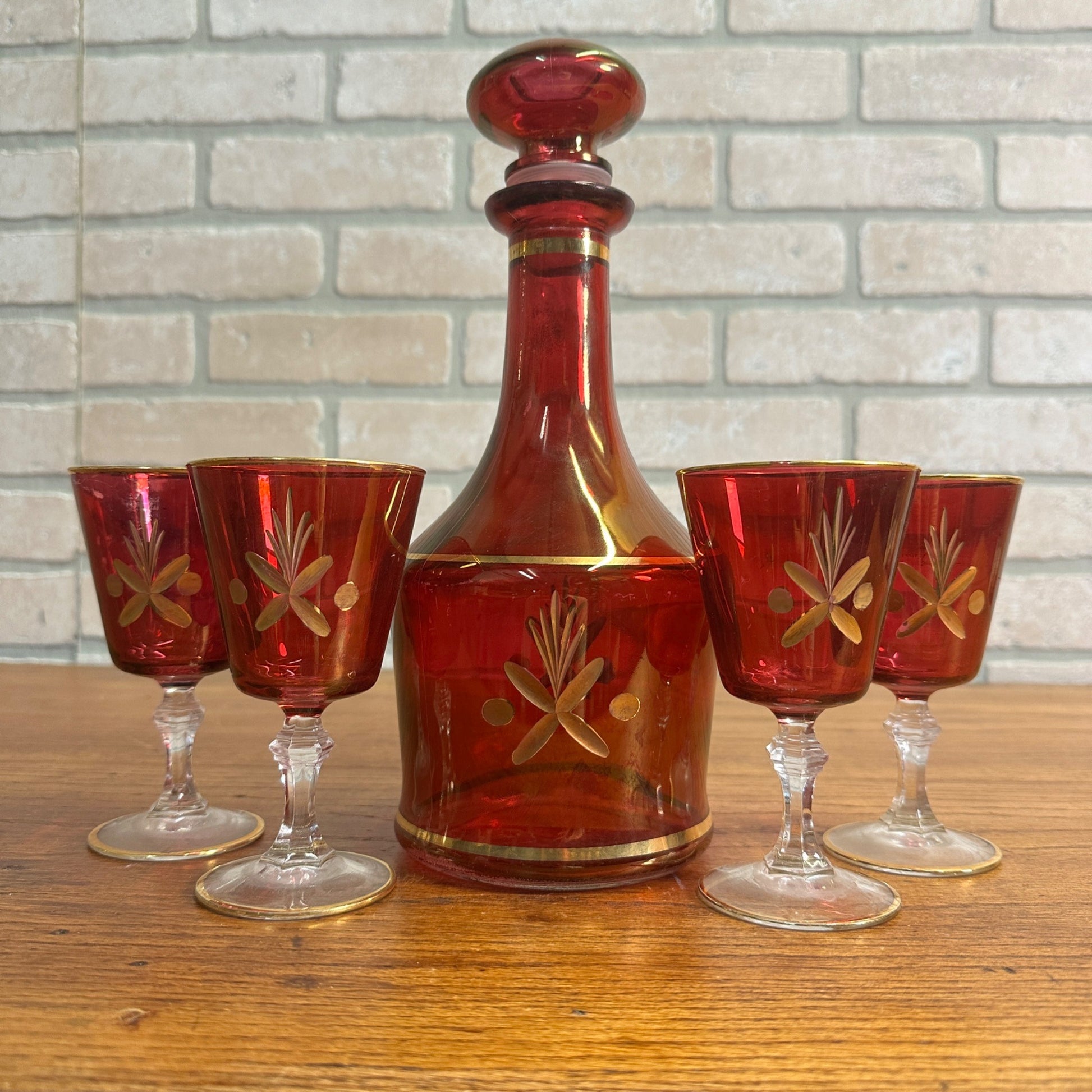 Vintage Mid Century Ruby Red Gold Glass Goblet Wine Decanter Set