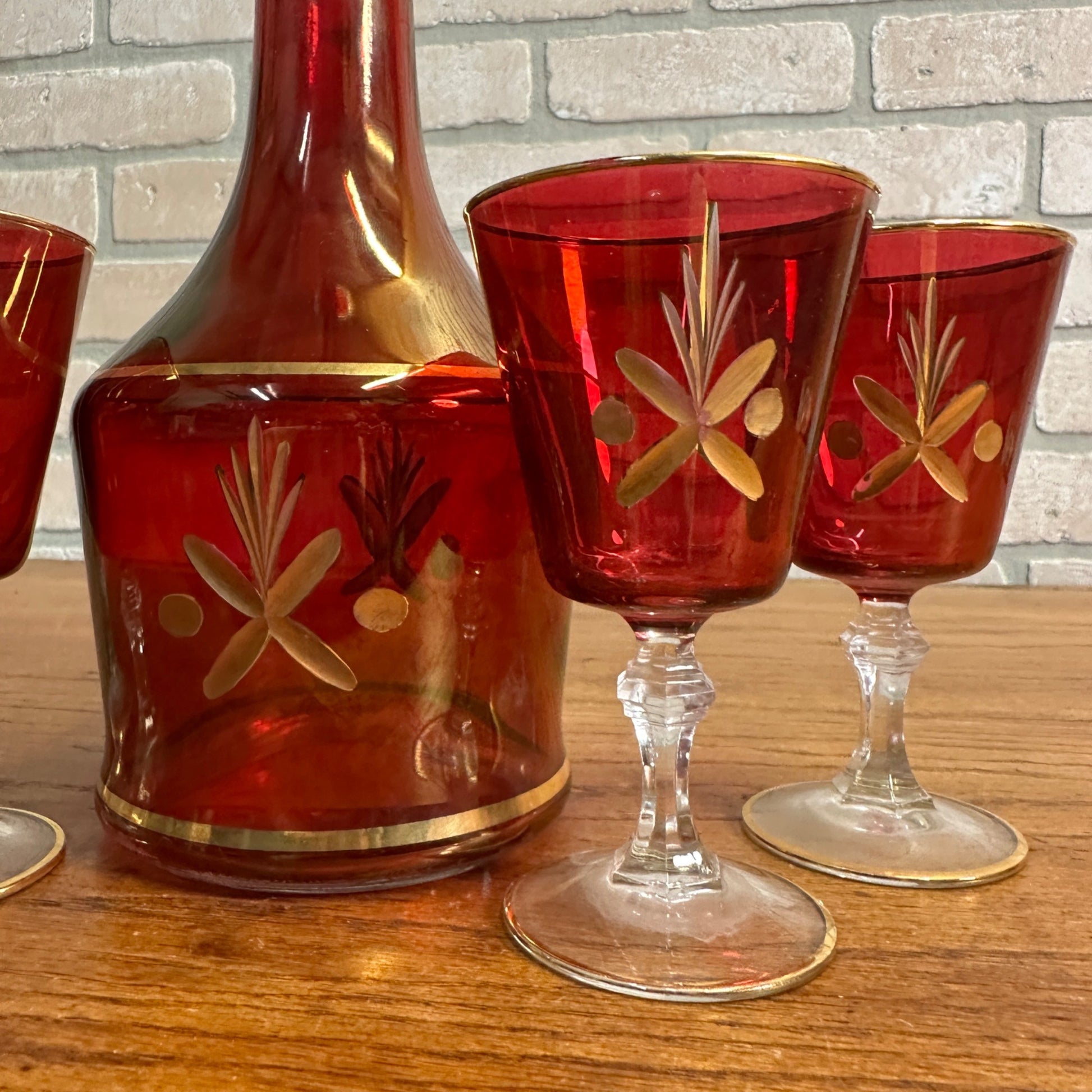 Vintage Mid Century Ruby Red Gold Glass Goblet Wine Decanter Set