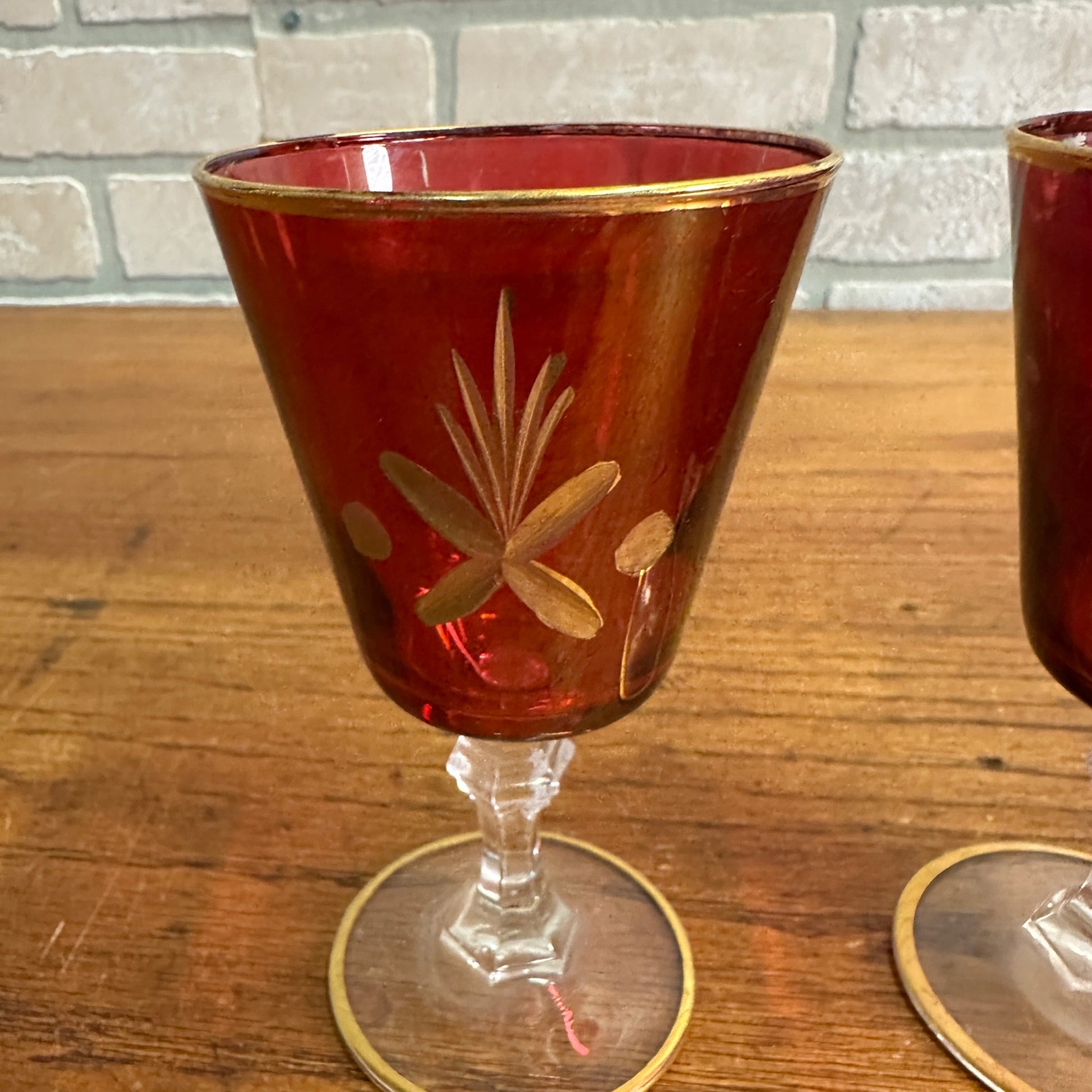 Vintage Mid Century Ruby Red Gold Glass Goblet Wine Decanter Set