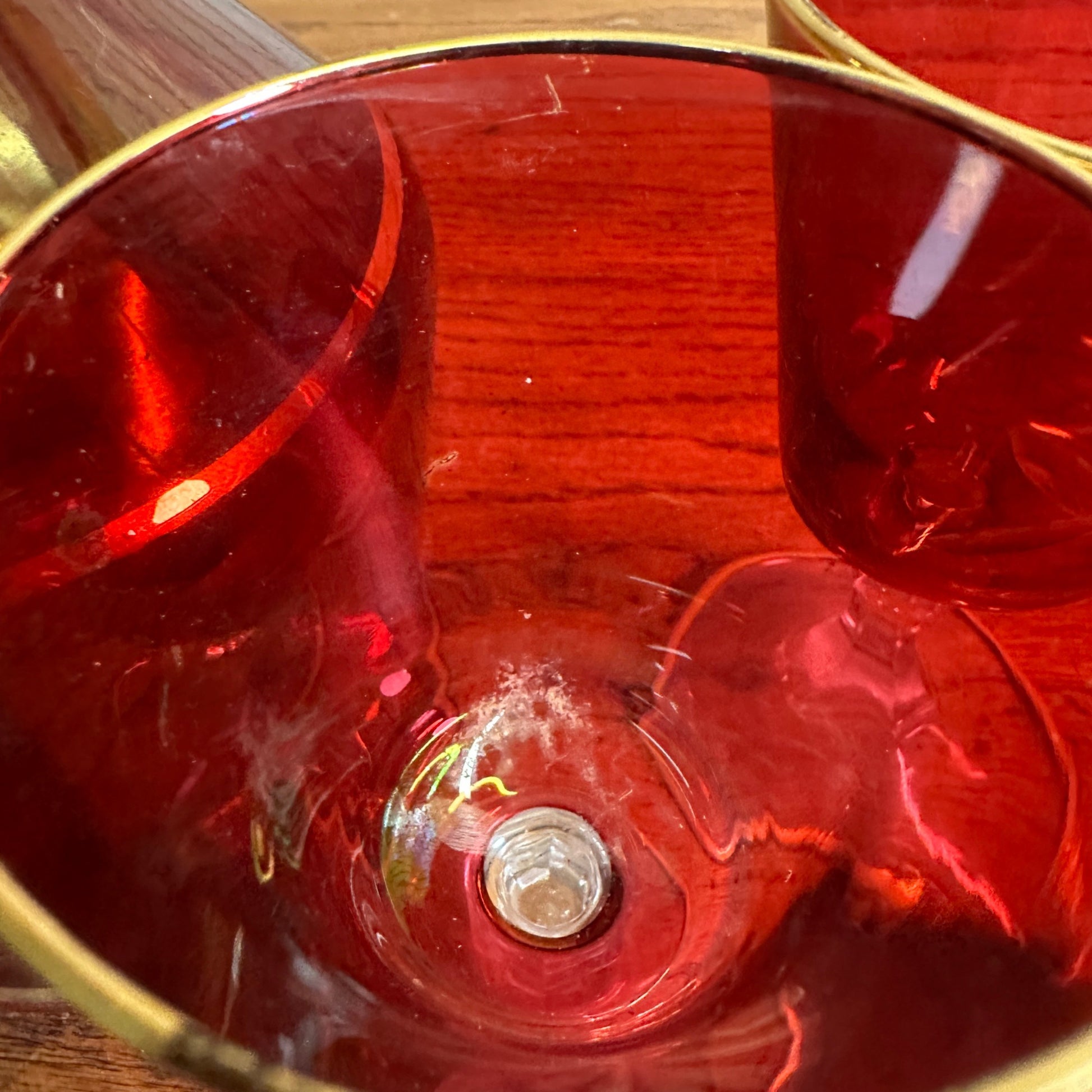 Vintage Mid Century Ruby Red Gold Glass Goblet Wine Decanter Set