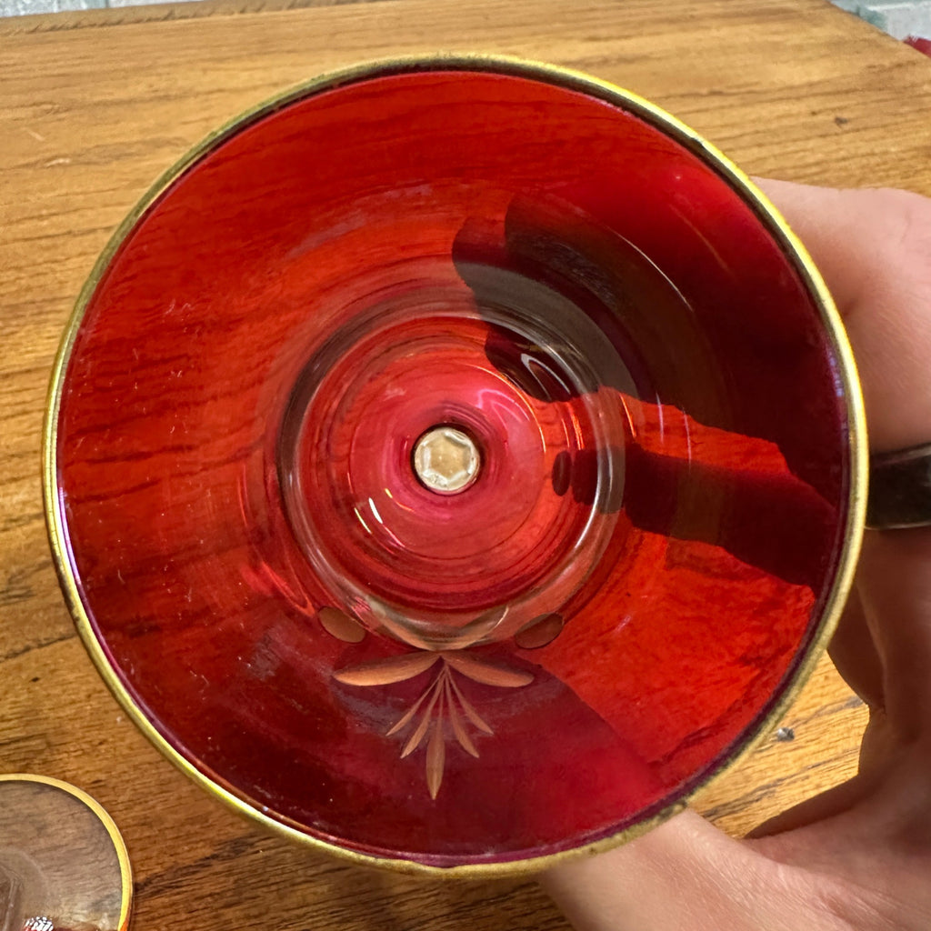 Vintage Mid Century Ruby Red Gold Glass Goblet Wine Decanter Set