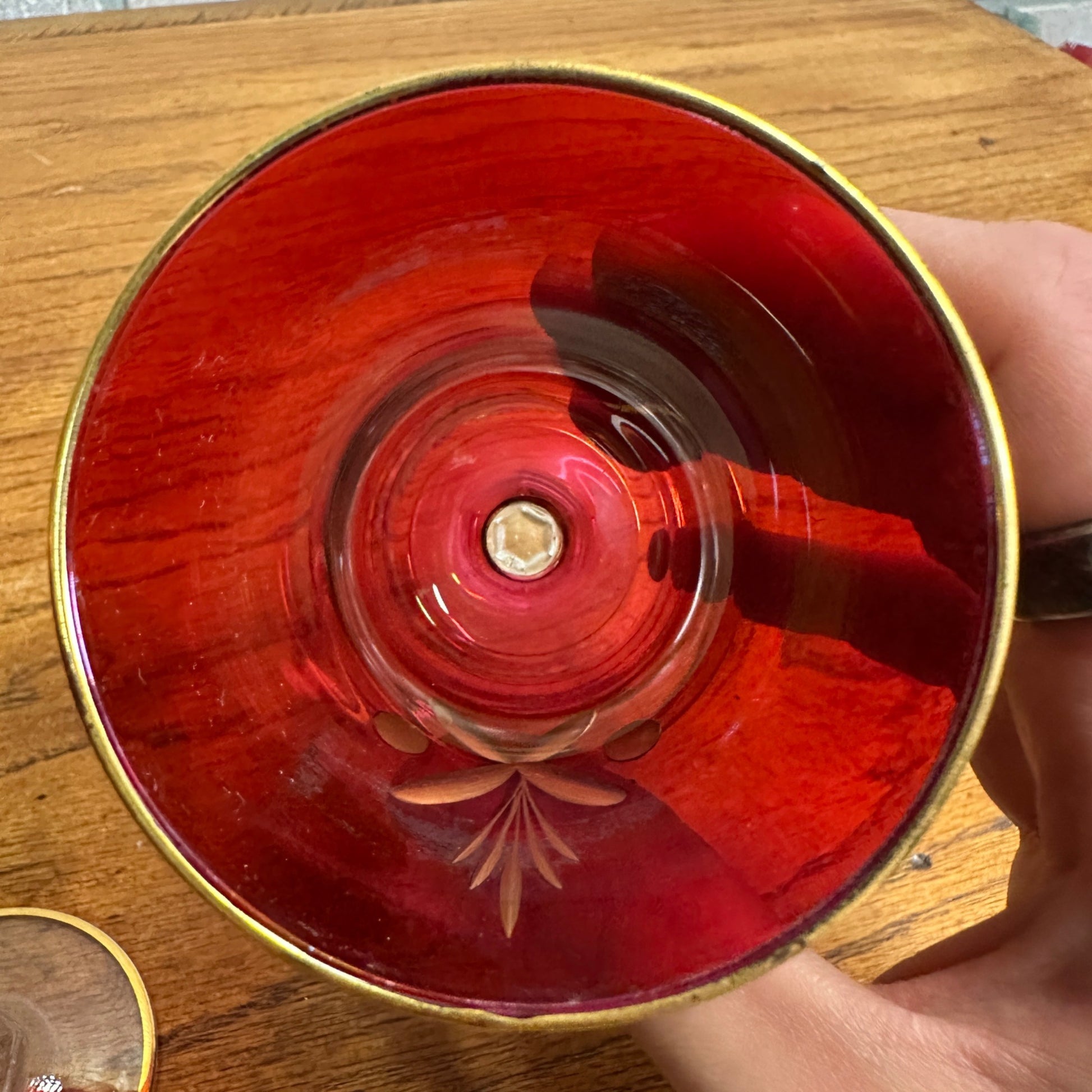 Vintage Mid Century Ruby Red Gold Glass Goblet Wine Decanter Set