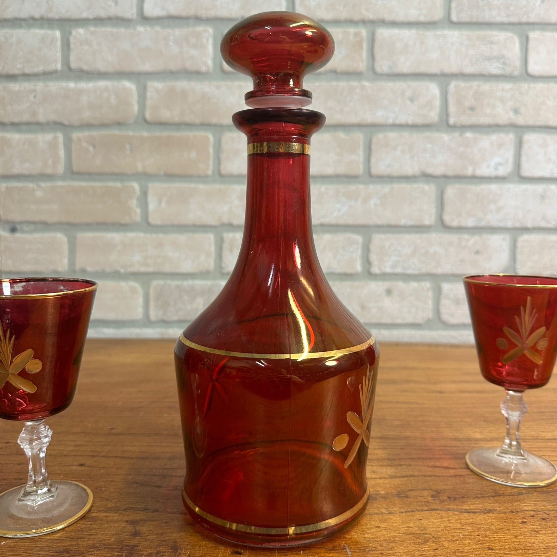 Vintage Mid Century Ruby Red Gold Glass Goblet Wine Decanter Set