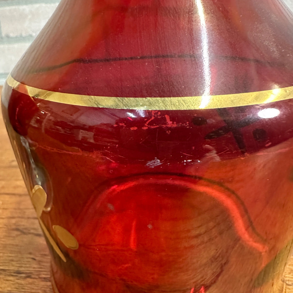 Vintage Mid Century Ruby Red Gold Glass Goblet Wine Decanter Set