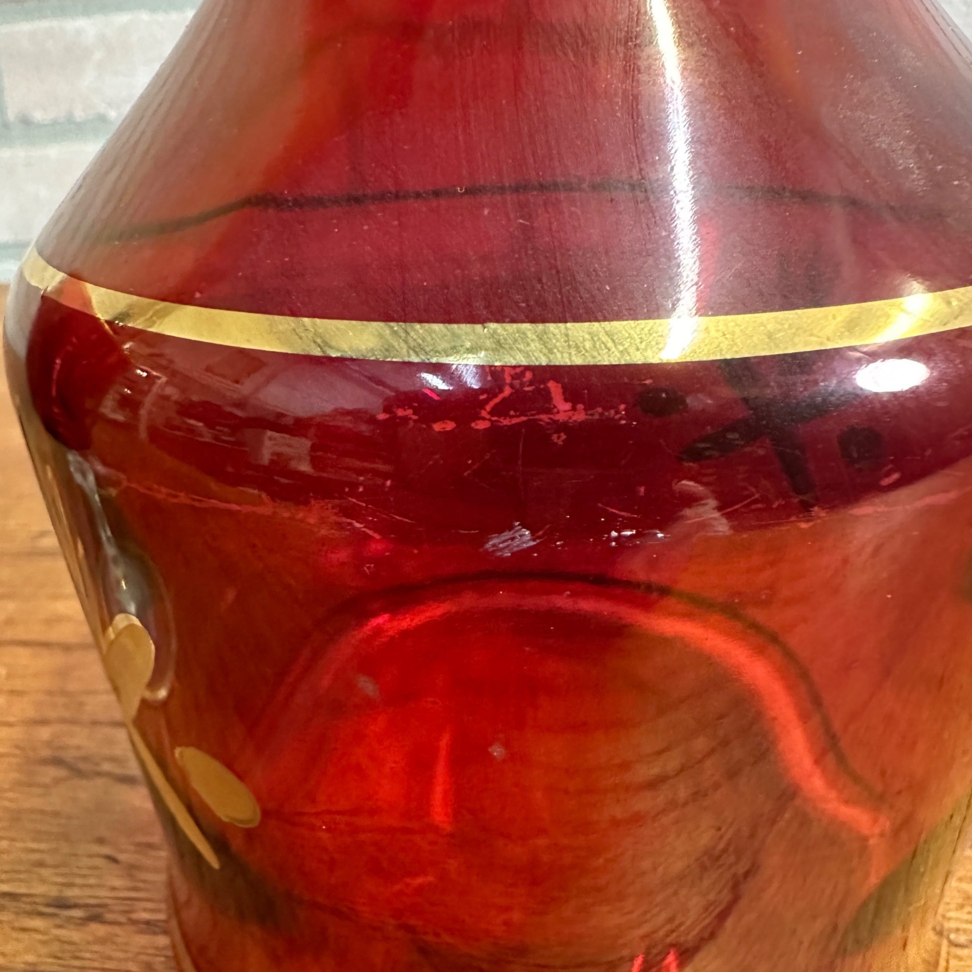 Vintage Mid Century Ruby Red Gold Glass Goblet Wine Decanter Set