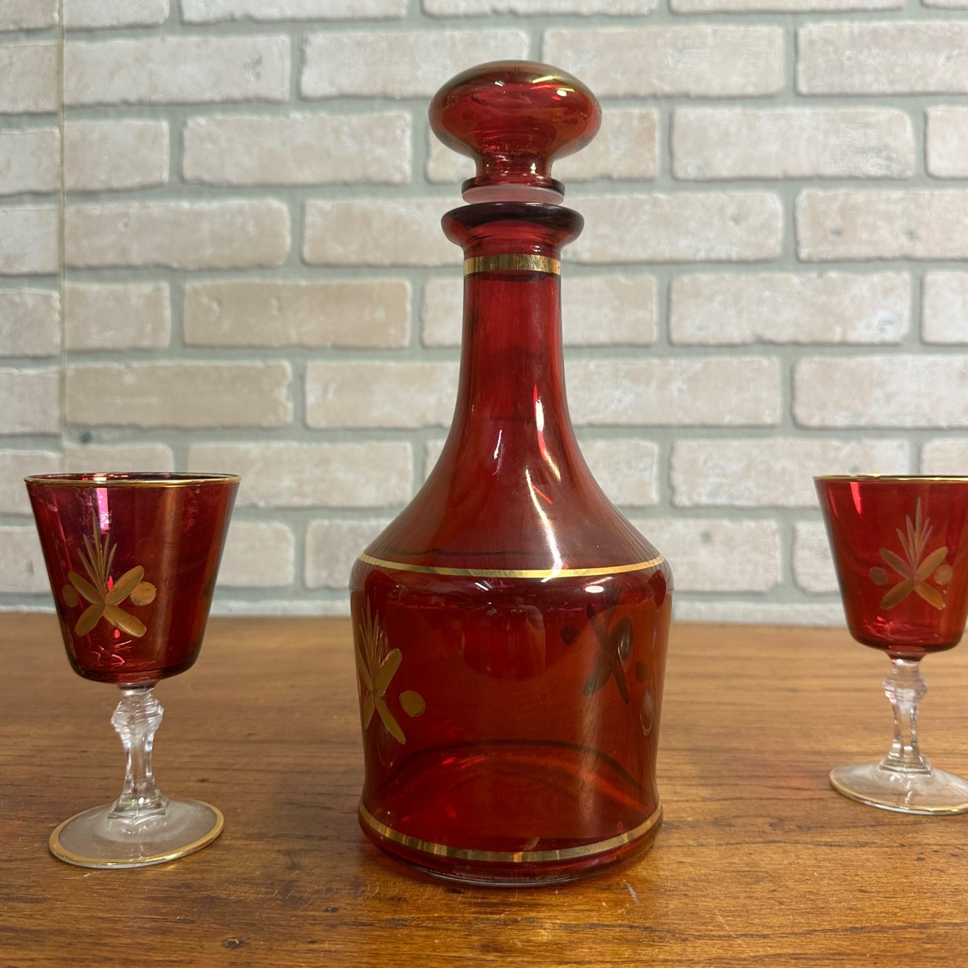 Vintage Mid Century Ruby Red Gold Glass Goblet Wine Decanter Set