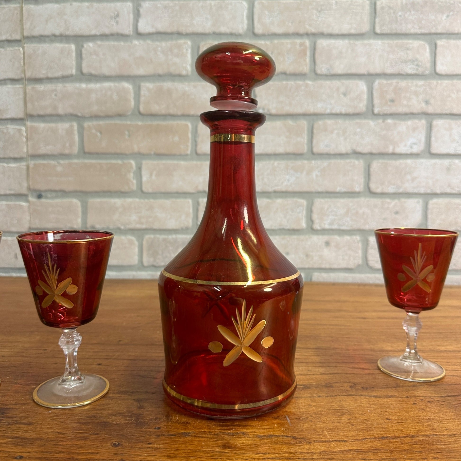 Vintage Mid Century Ruby Red Gold Glass Goblet Wine Decanter Set