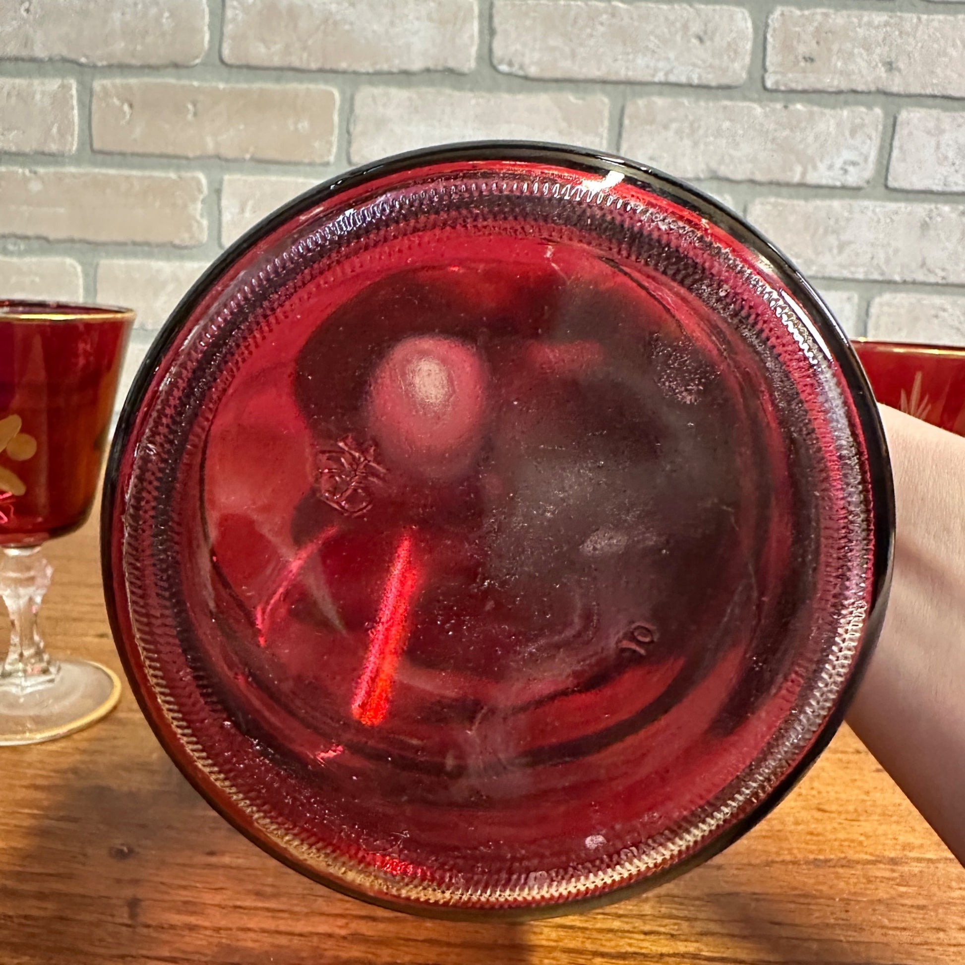 Vintage Mid Century Ruby Red Gold Glass Goblet Wine Decanter Set