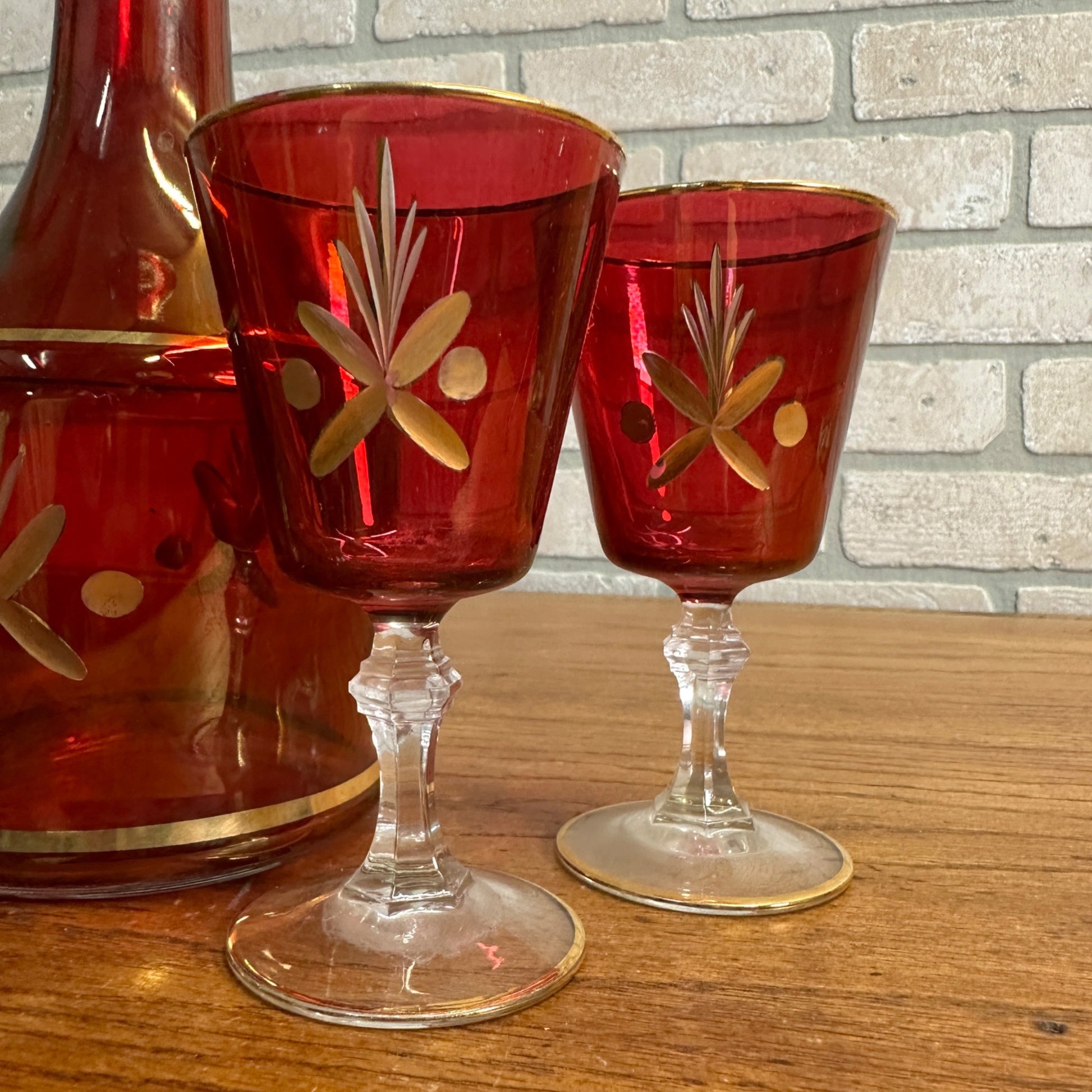Vintage Mid Century Ruby Red Gold Glass Goblet Wine Decanter Set