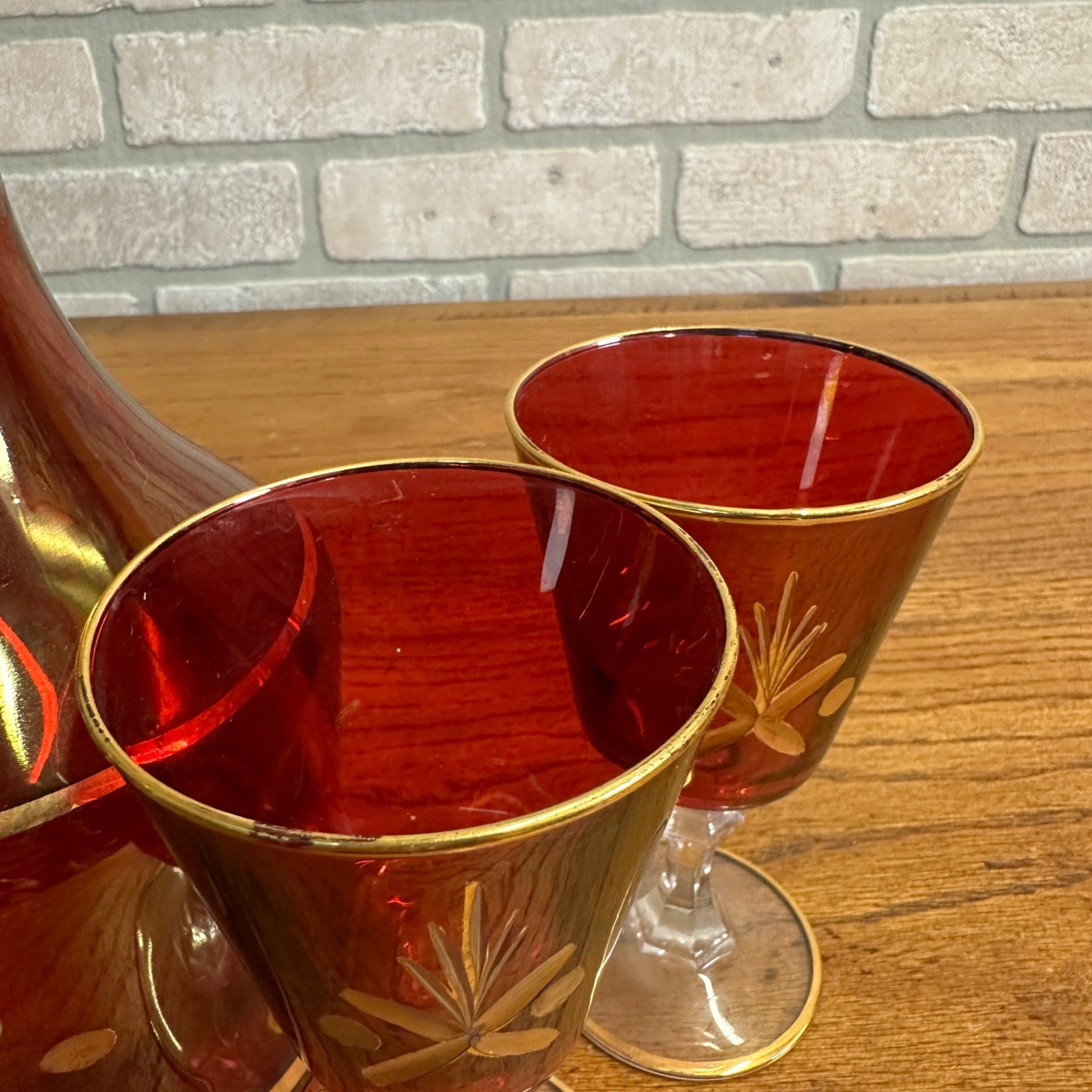 Vintage Mid Century Ruby Red Gold Glass Goblet Wine Decanter Set