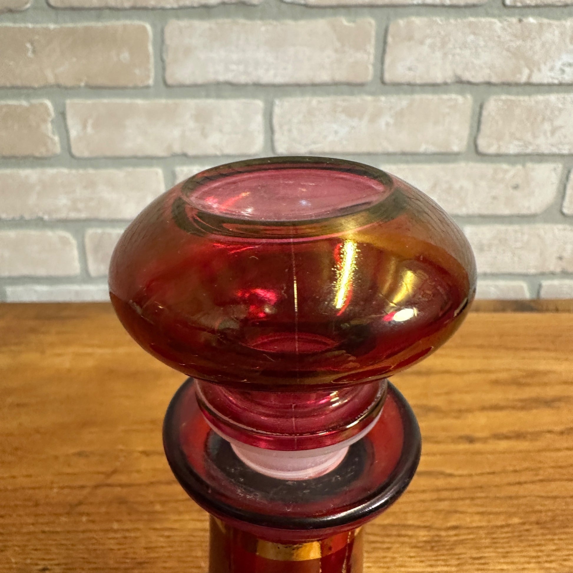 Vintage Mid Century Ruby Red Gold Glass Goblet Wine Decanter Set