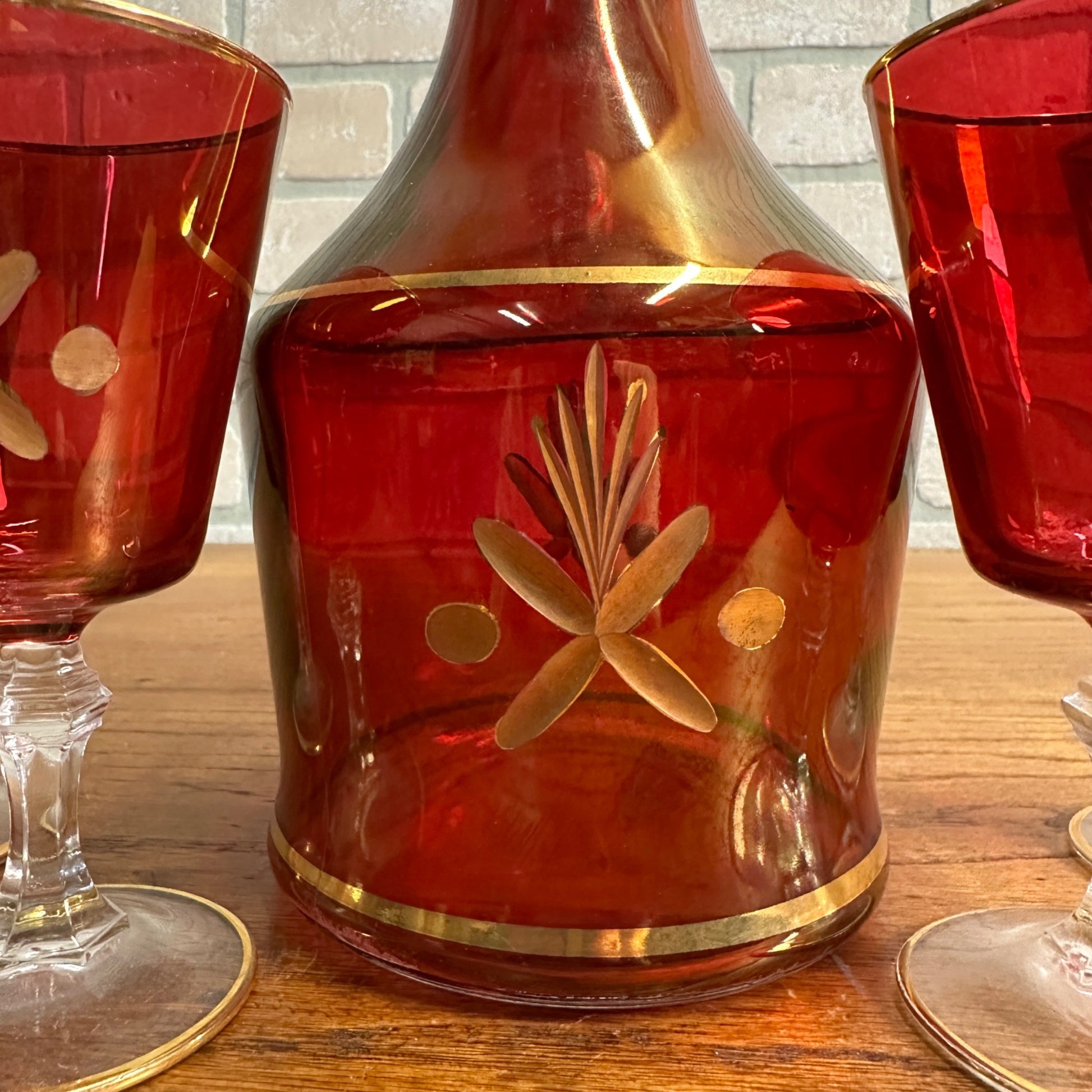 Vintage Mid Century Ruby Red Gold Glass Goblet Wine Decanter Set