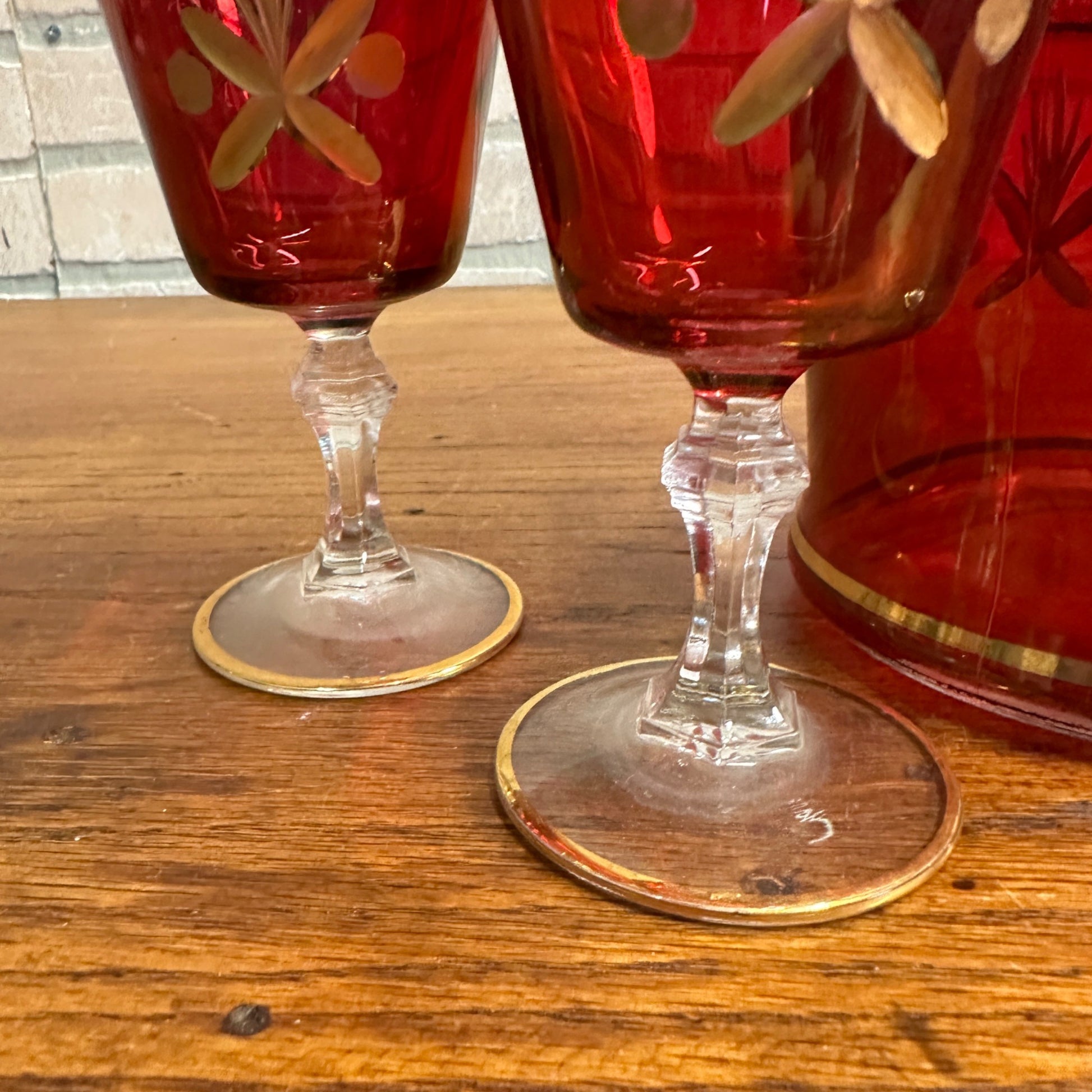 Vintage Mid Century Ruby Red Gold Glass Goblet Wine Decanter Set