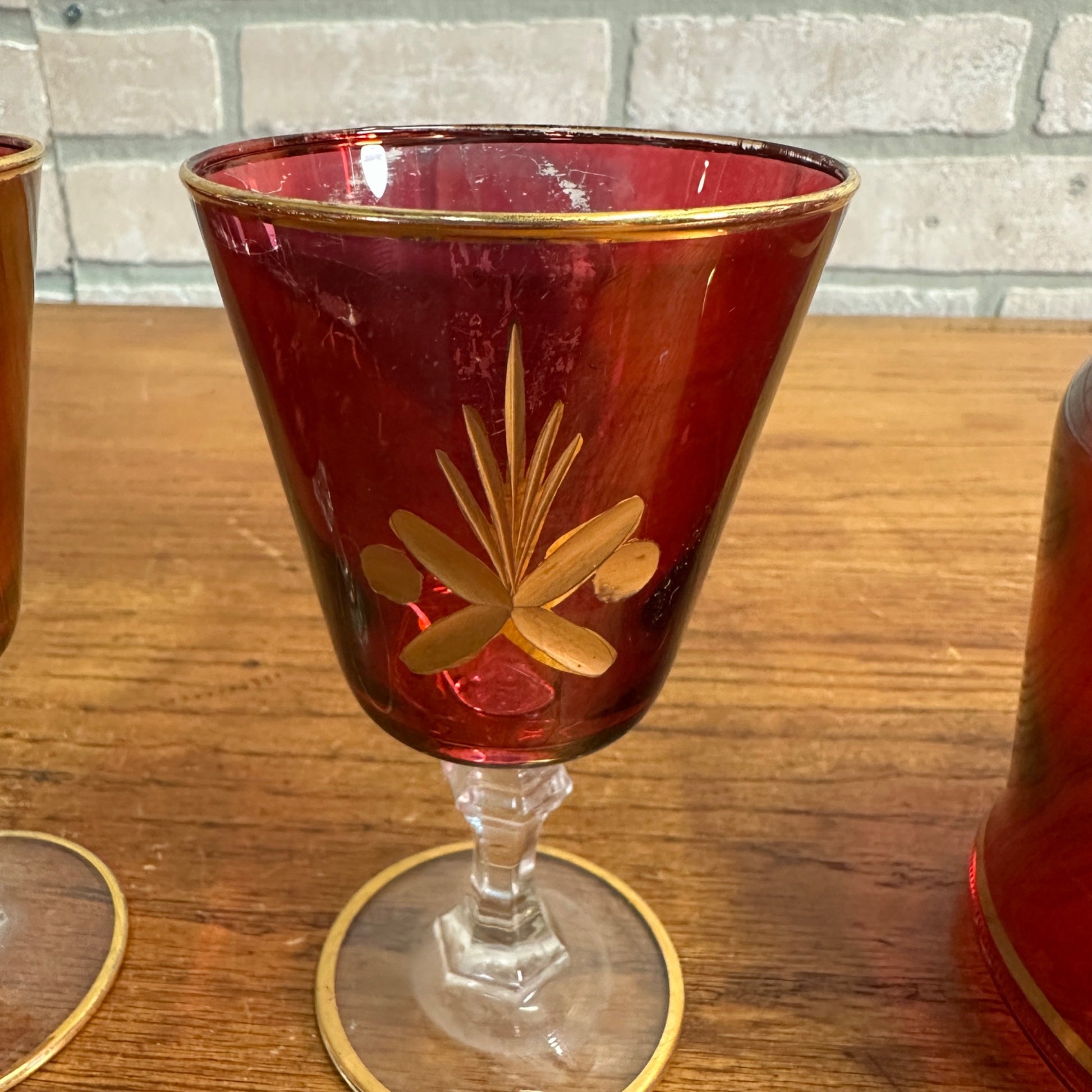 Vintage Mid Century Ruby Red Gold Glass Goblet Wine Decanter Set