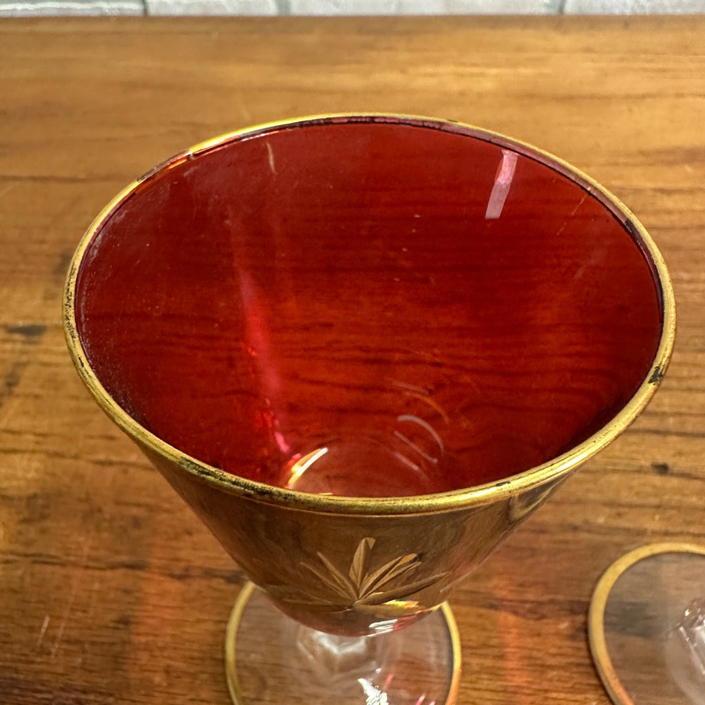 Vintage Mid Century Ruby Red Gold Glass Goblet Wine Decanter Set