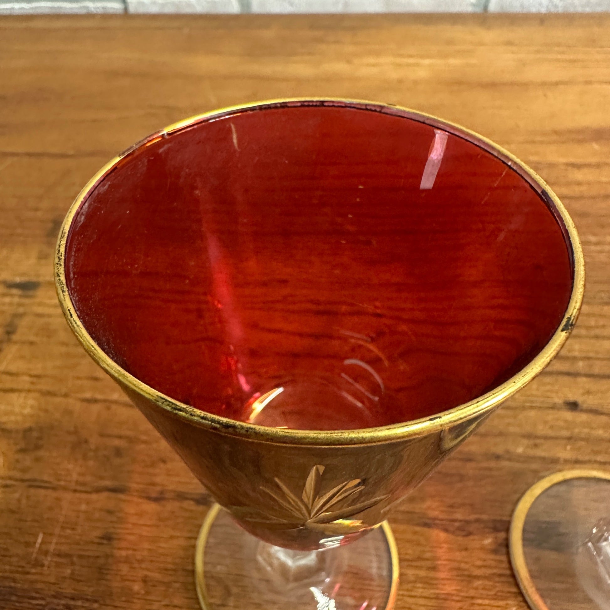 Vintage Mid Century Ruby Red Gold Glass Goblet Wine Decanter Set