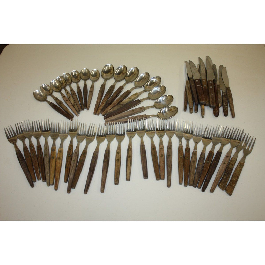 Huge Lot Vintage MCM Stainless Flatware Set Knifes, Forks, Spoons Wooden Handles
